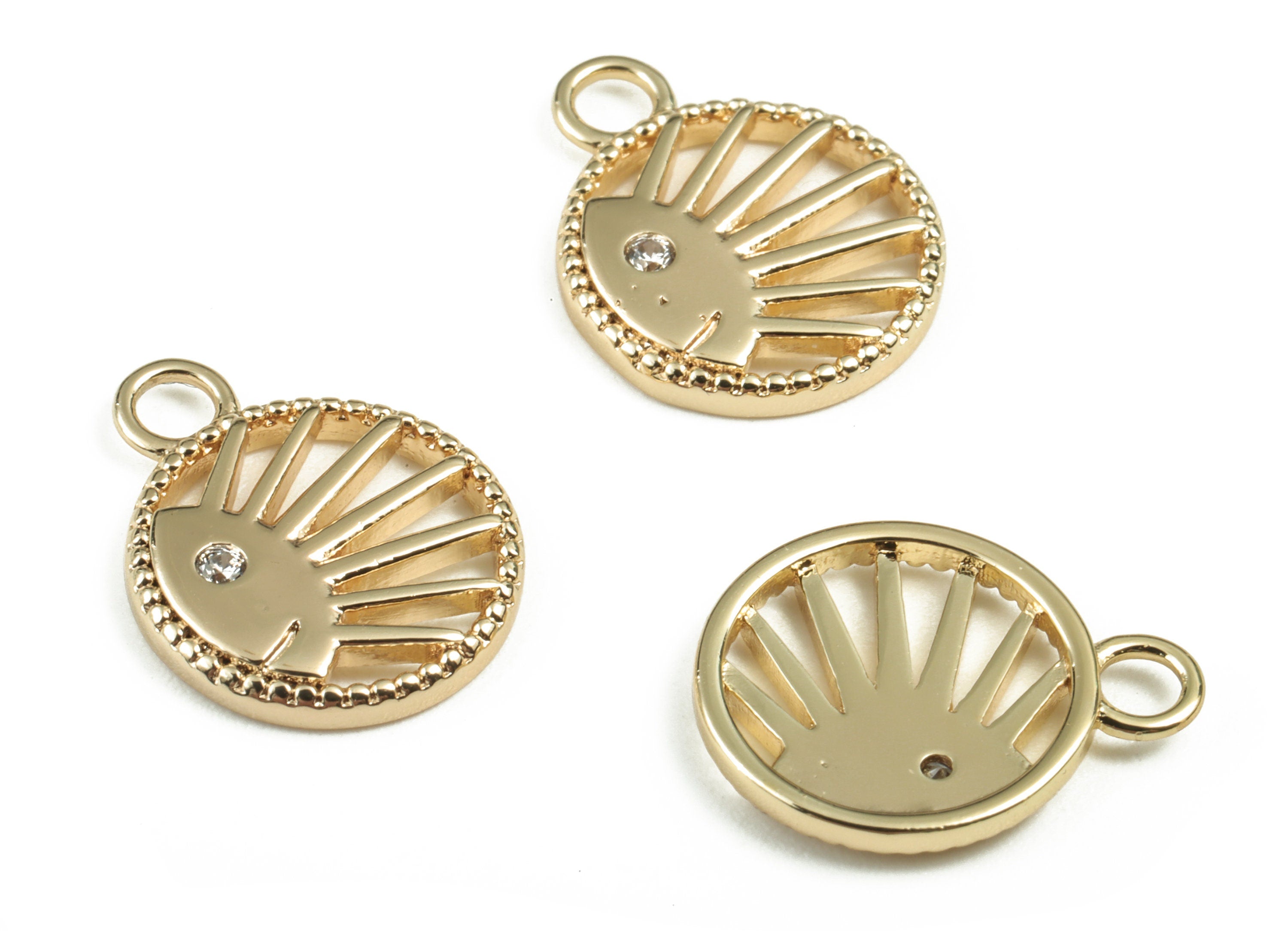 Brass Round Sun Face Earring Charms With Zircon - Gold Circle Sun Face Pendant - 18K Real Gold Plated Brass - 15.29x12.06x1.84mm - RGP2774 - DOMEDBAZAAR