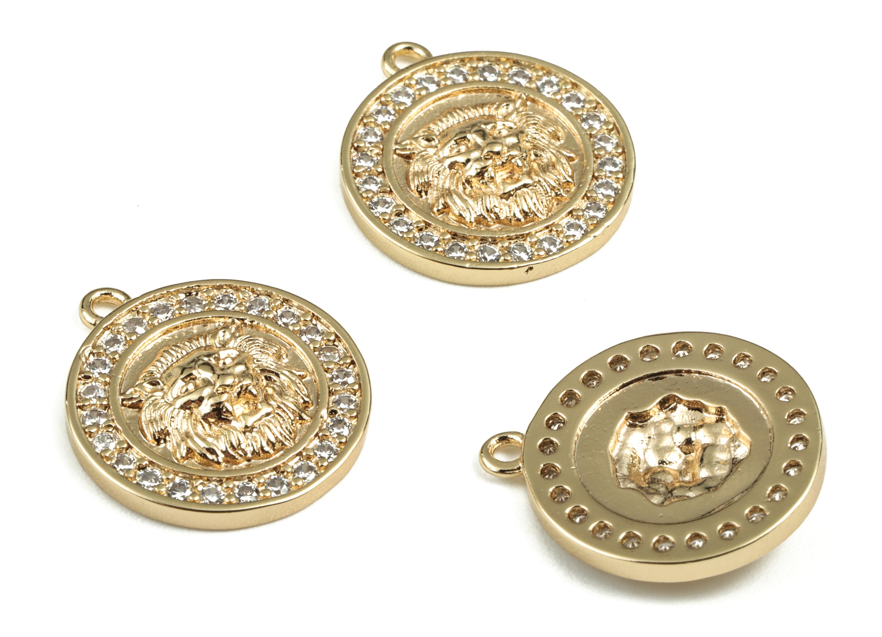 Brass Round Lion king Earring Charms With Zircons - Gold Circle Lion king Pendant - 18K Real Gold Plated Brass - 17.7x15.44x3.08mm - RGP2765 - DOMEDBAZAAR