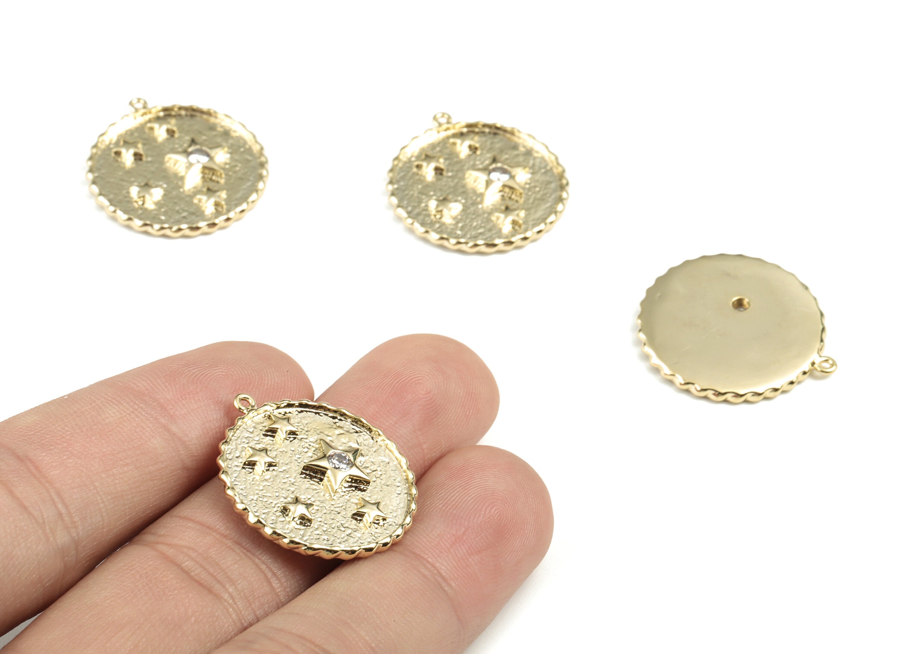 Brass Round Stars Earring Charms With Zircons - Gold Coin Pendant - 18K Real Gold Plated Brass - 24.88x22.81x2.75mm - RGP2761 - DOMEDBAZAAR