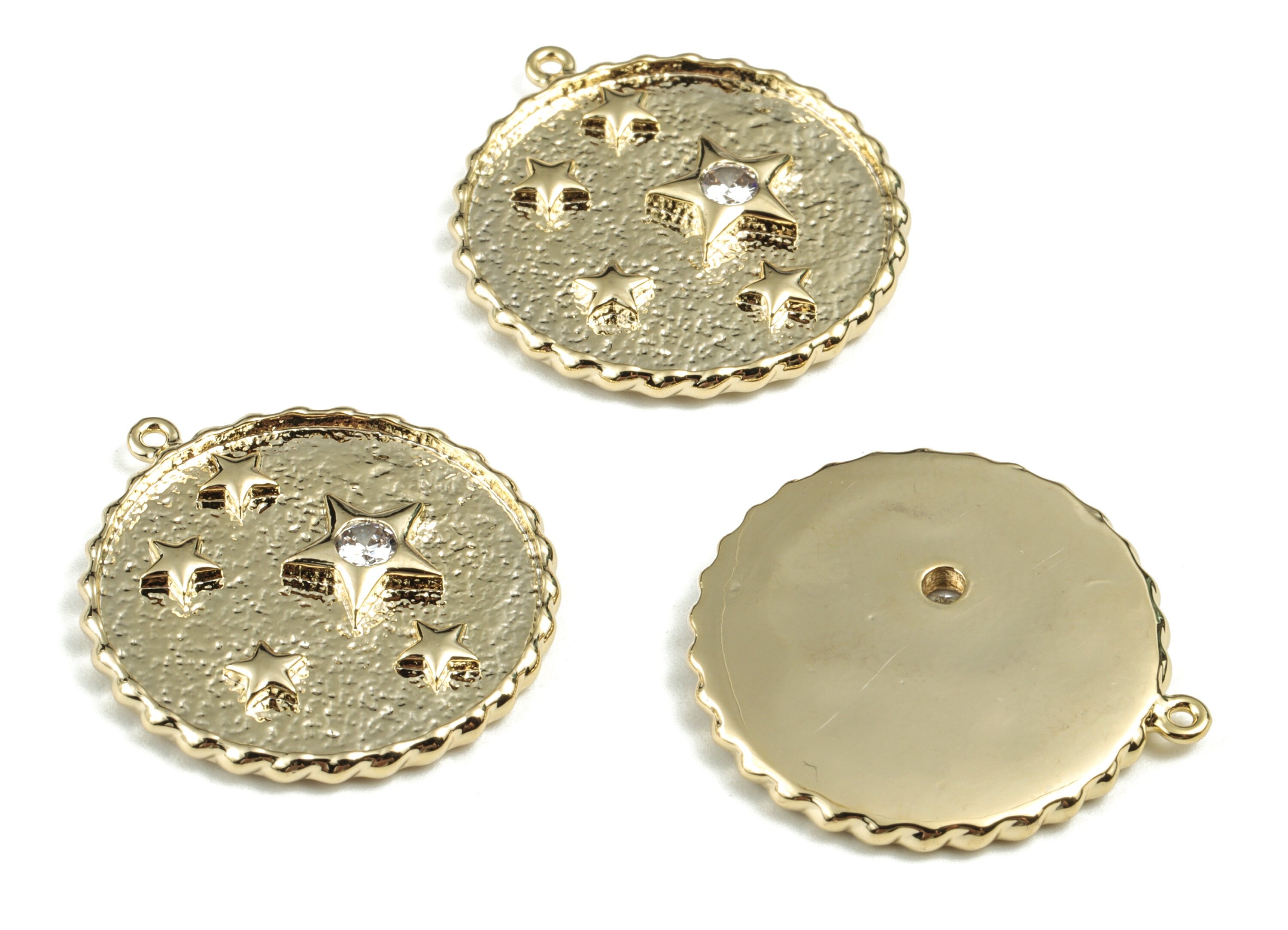 Brass Round Stars Earring Charms With Zircons - Gold Coin Pendant - 18K Real Gold Plated Brass - 24.88x22.81x2.75mm - RGP2761 - DOMEDBAZAAR