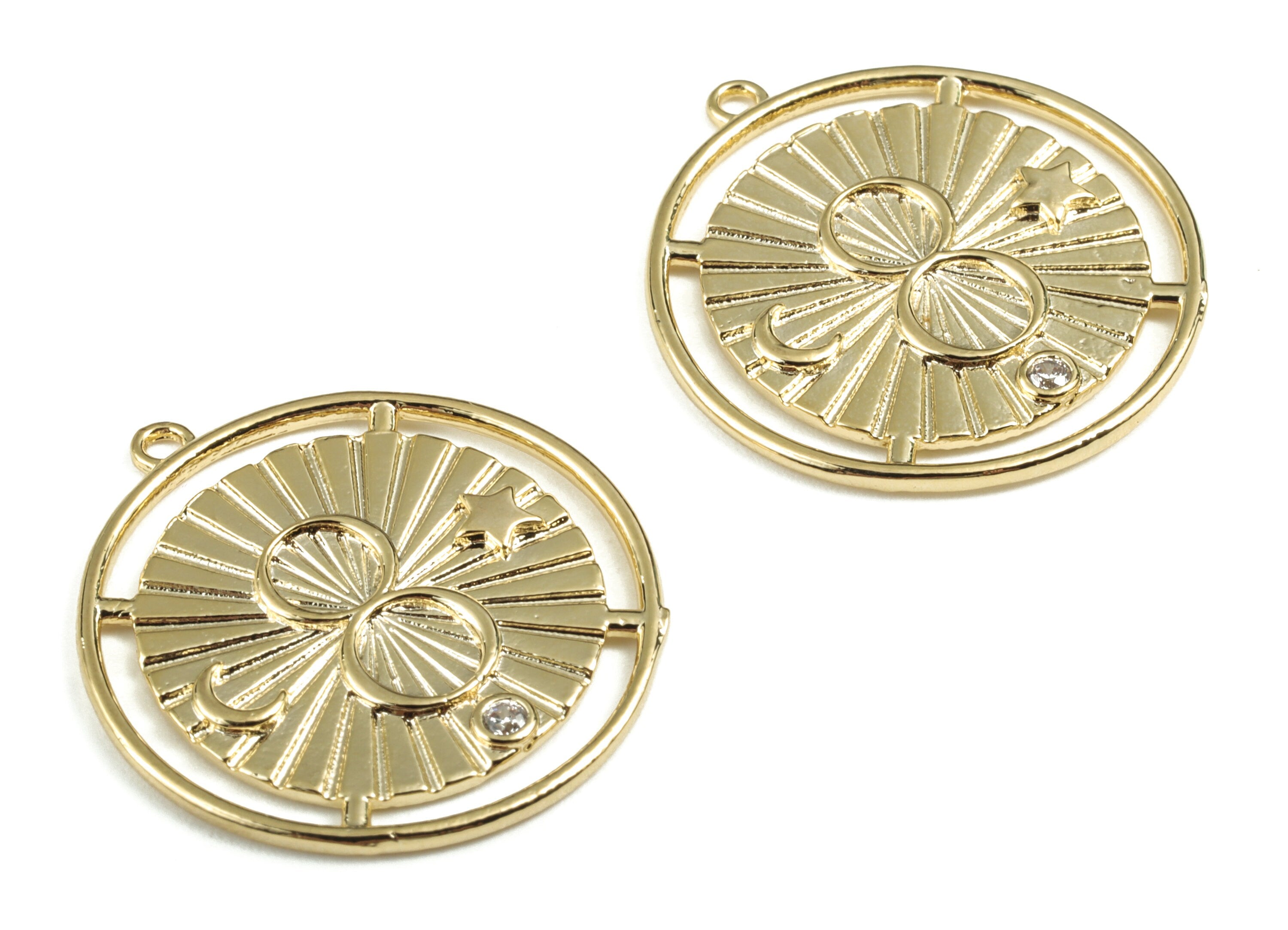 Brass Round Moon Star Earring Charms With Zircon - Gold Round Pendant - 18K Real Gold Plated Brass - 25.15x23.23x1.72mm - RGP2771 - DOMEDBAZAAR