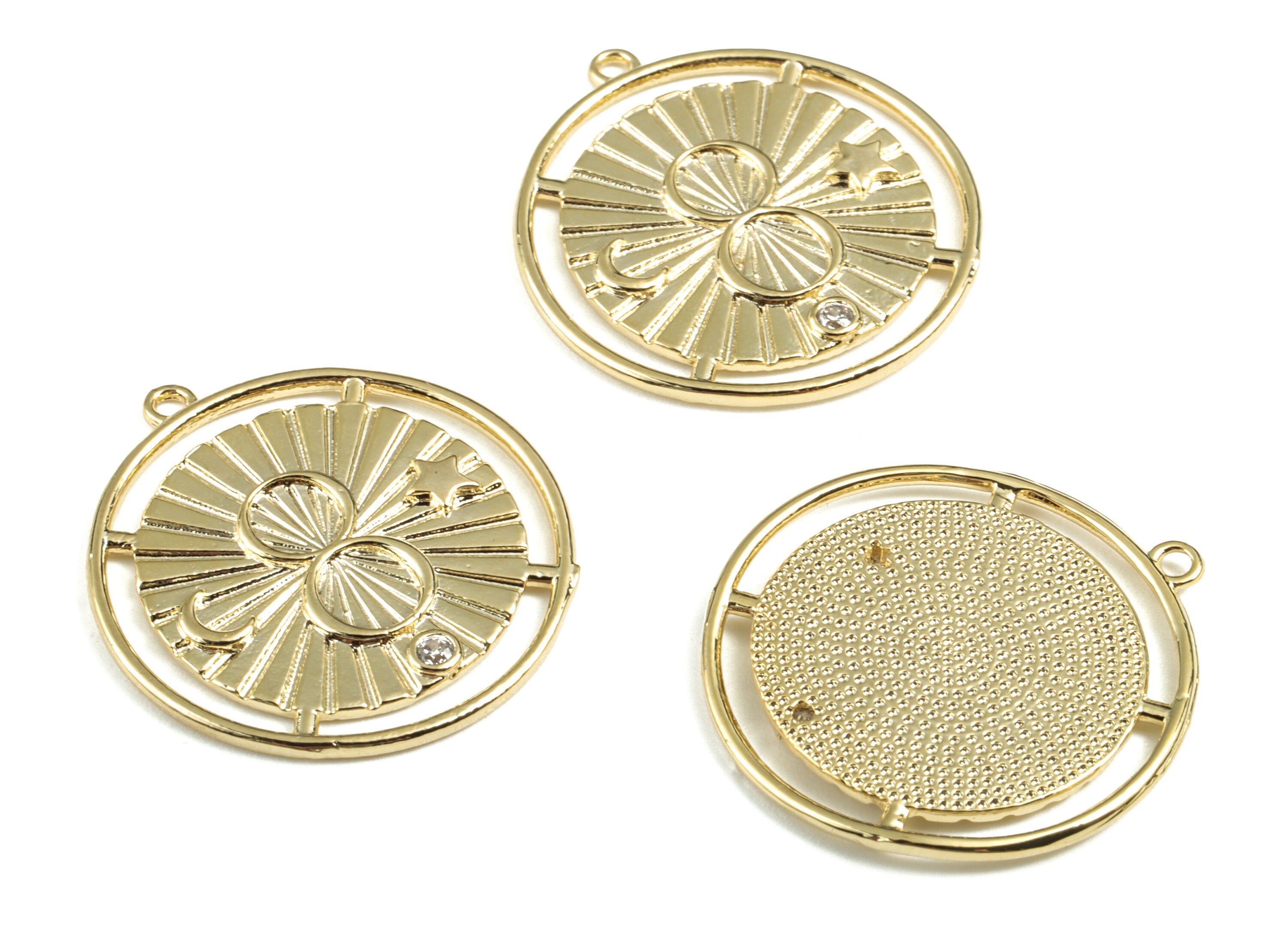 Brass Round Moon Star Earring Charms With Zircon - Gold Round Pendant - 18K Real Gold Plated Brass - 25.15x23.23x1.72mm - RGP2771 - DOMEDBAZAAR