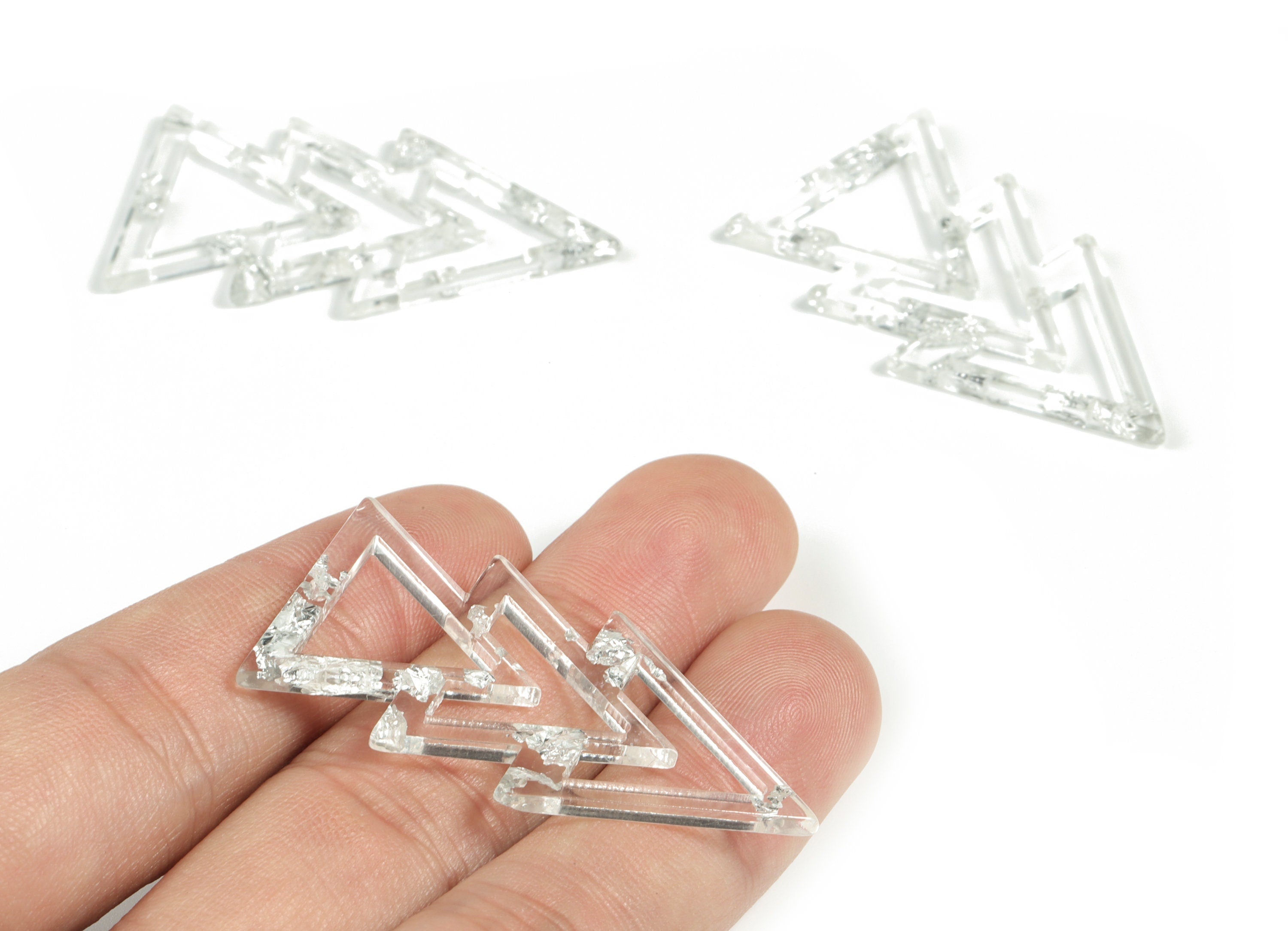 Acrylic Triangles Earring Charms - Acrylic Triangles Pendant - Silver Foil & Confetti - Color Code:A254 - 46.06x23.47x2.94mm - AC2173-A254 - DOMEDBAZAAR