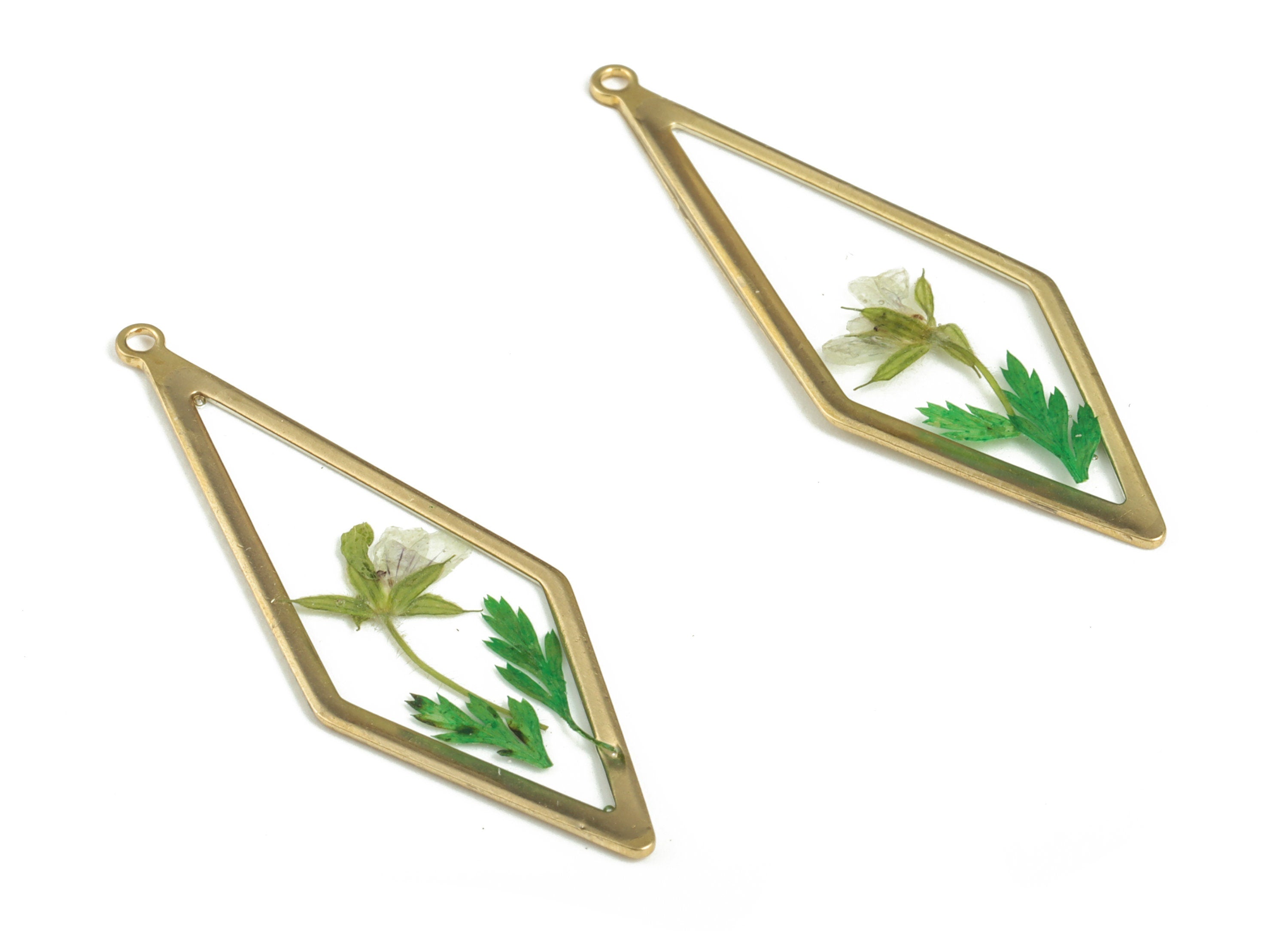 Brass Diamond Earring Charms - Resin Real Flower Pendant – Green Flower Resin Charm – Resin Jewelry Charms - 42.03x14.55x1.39mm - RC1160 - DOMEDBAZAAR