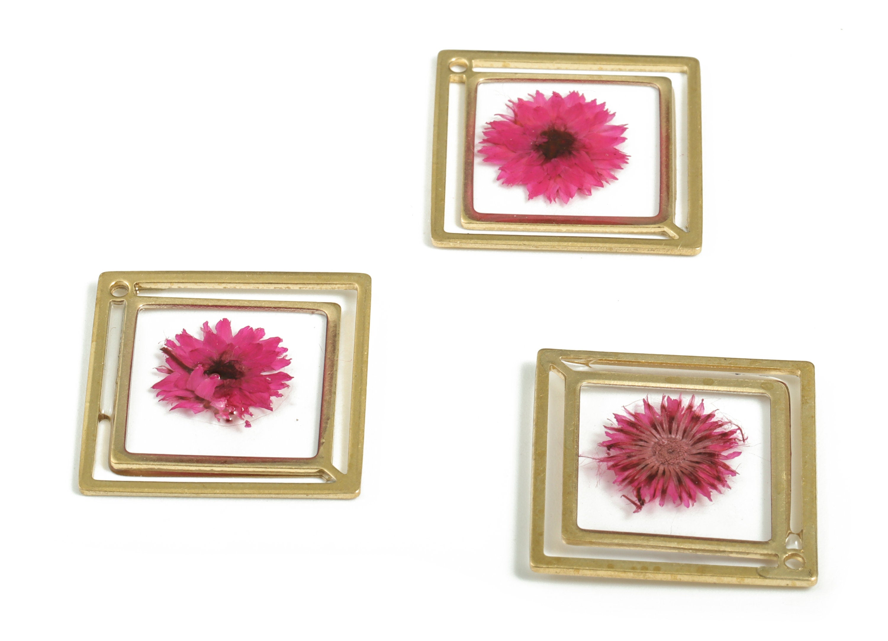 Resin Square Earring Charms - Resin Real Flower Pendant – Pink Flower Resin Pendant - Raw Brass Jewelry Charms - 28.5x28.45x2.07mm - RC1151 - DOMEDBAZAAR