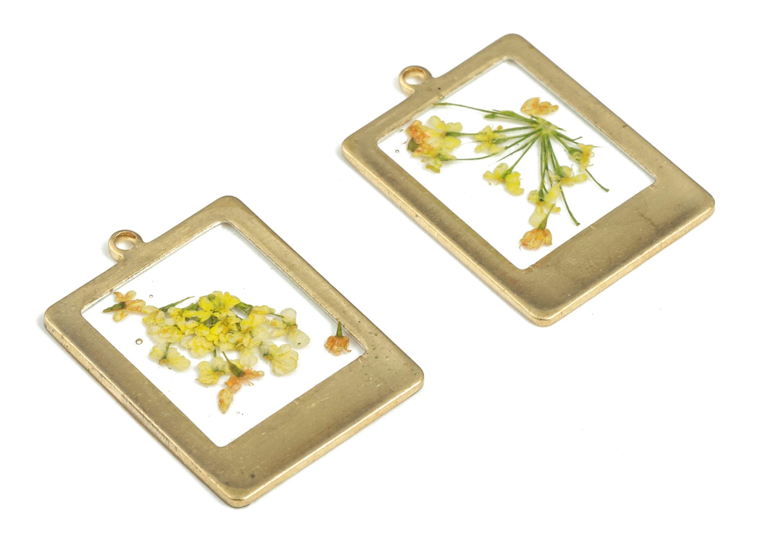 Brass Square Earring Charms - Resin Real Flower Pendant – Yellow Flowers Resin Charm - Jewelry Making Supplies - 19.92x14.23x1.33mm - RC1162 - DOMEDBAZAAR