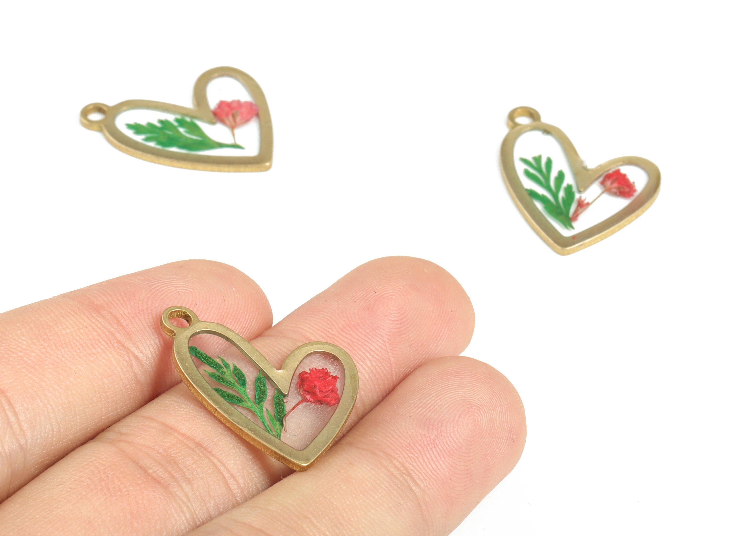 Resin Heart Earring Charms - Resin Real Flower Pendant - Raw Brass Charm - Red Flower Charm - Jewelry Supplies - 24.92x20.57x1.91mm - RC1149 - DOMEDBAZAAR