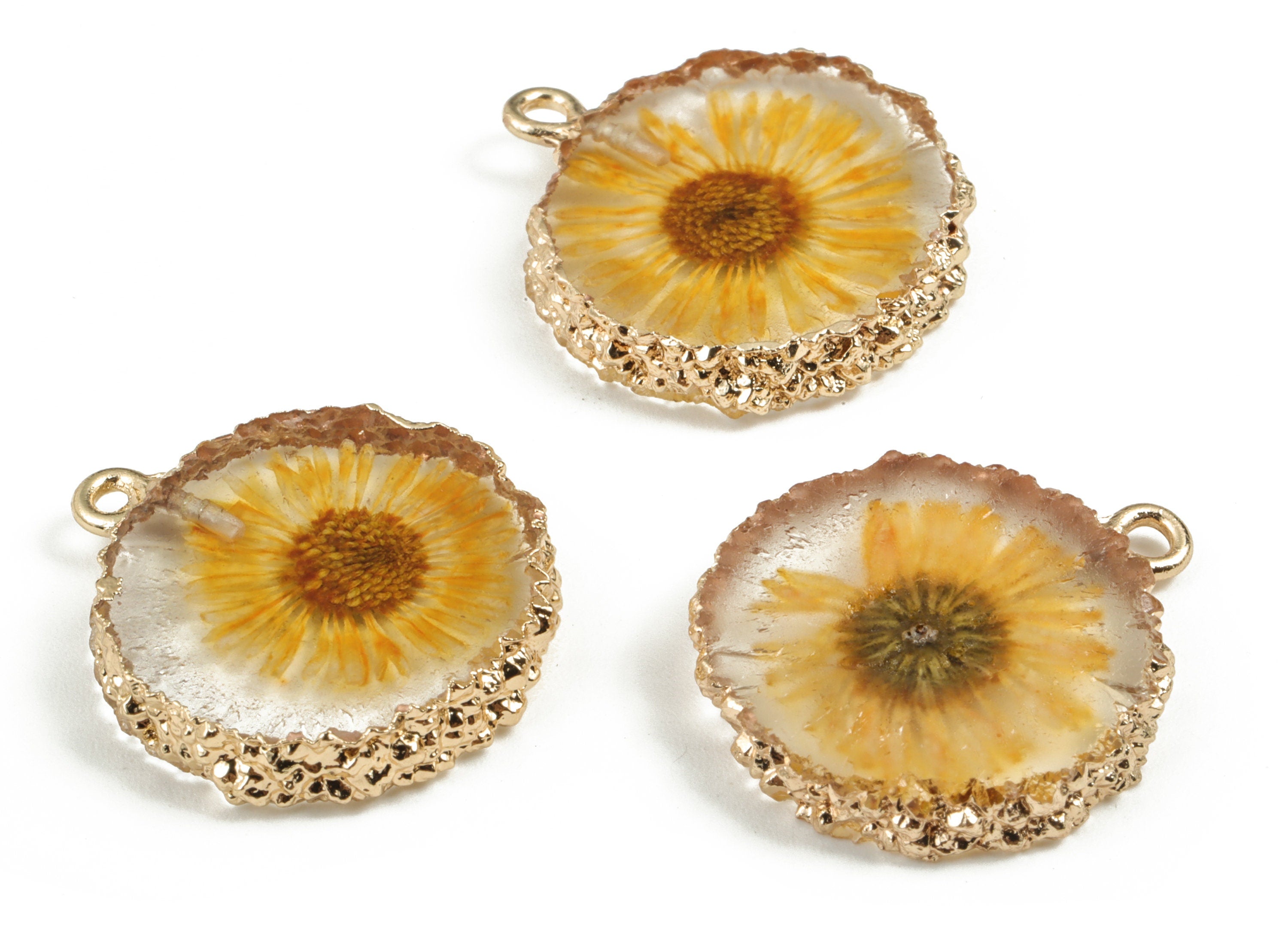 Resin Round Earring Charms - Resin Real Yellow Flower Pendant - Gold Tone Plated Resin - Jewelry Supplies - 25.75x20.73x4.59mm - RC1139 - DOMEDBAZAAR
