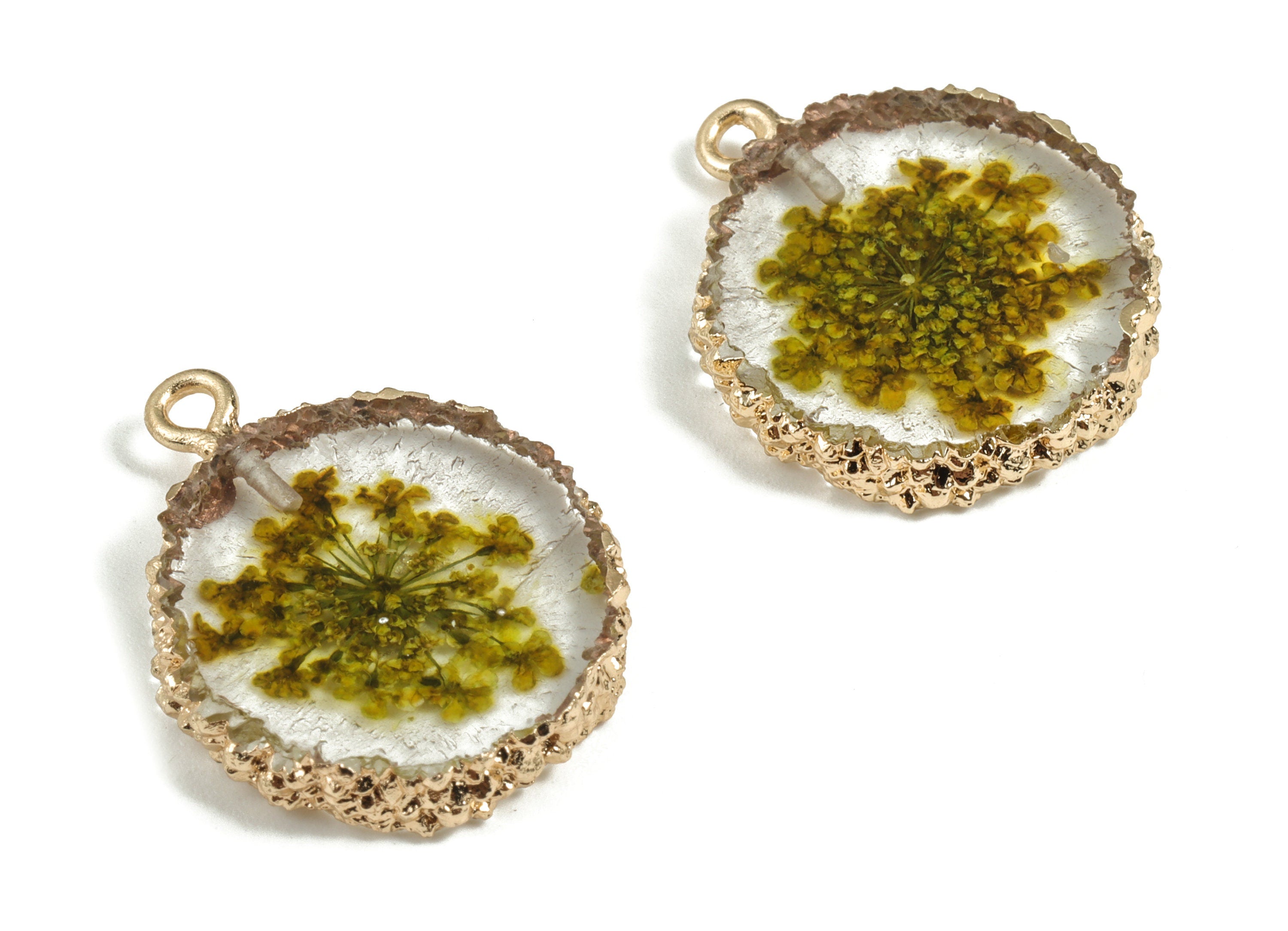 Resin Round Earring Charms - Resin Real Flower Pendant - Gold Tone Plated Resin - Jewelry Supplies - 26.02x20x4.36mm - RC1142 - DOMEDBAZAAR