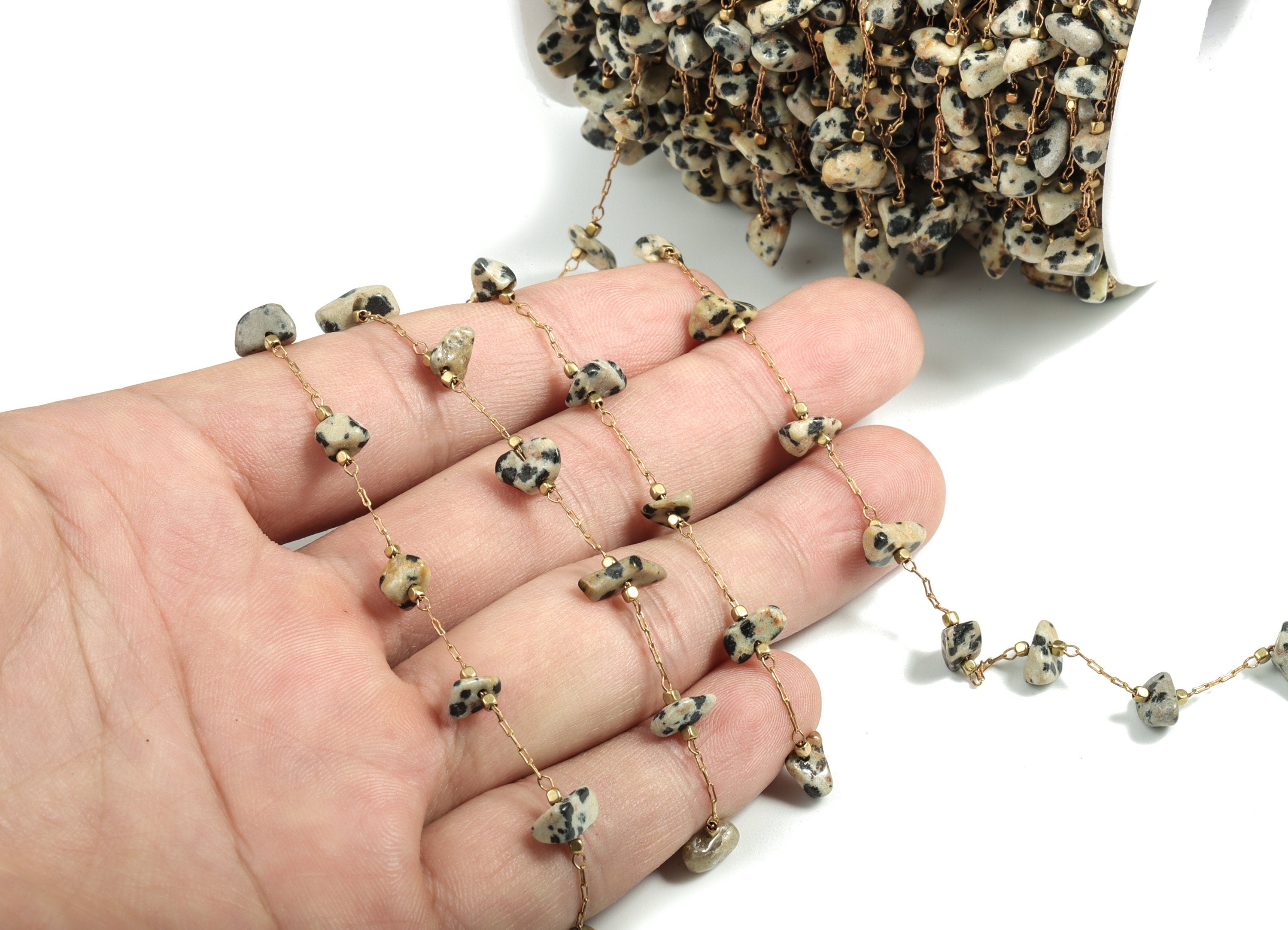 Brass Natural Stone Beaded Chain – Raw Brass Black Spotted Stones – Satellite Chain for Necklace, Bracelet - 2.02x1.02x0.18mm – CC1175-6 - DOMEDBAZAAR
