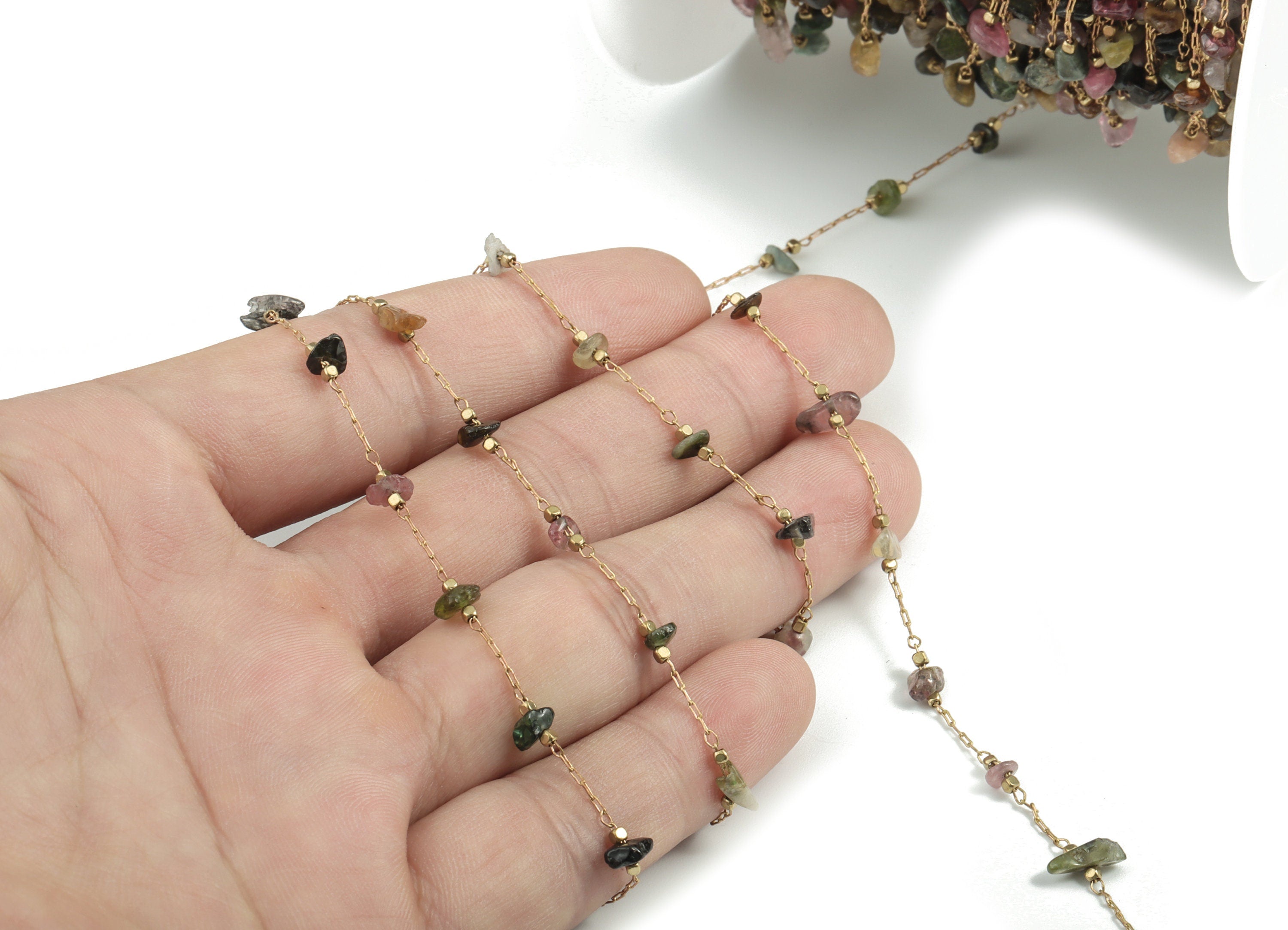 Brass Natural Stone Beaded Chain – Raw Brass Mix Color Stones – Satellite Chain for Necklace, Bracelet - 2.31x0.75x0.22mm – CC1175-7 - DOMEDBAZAAR