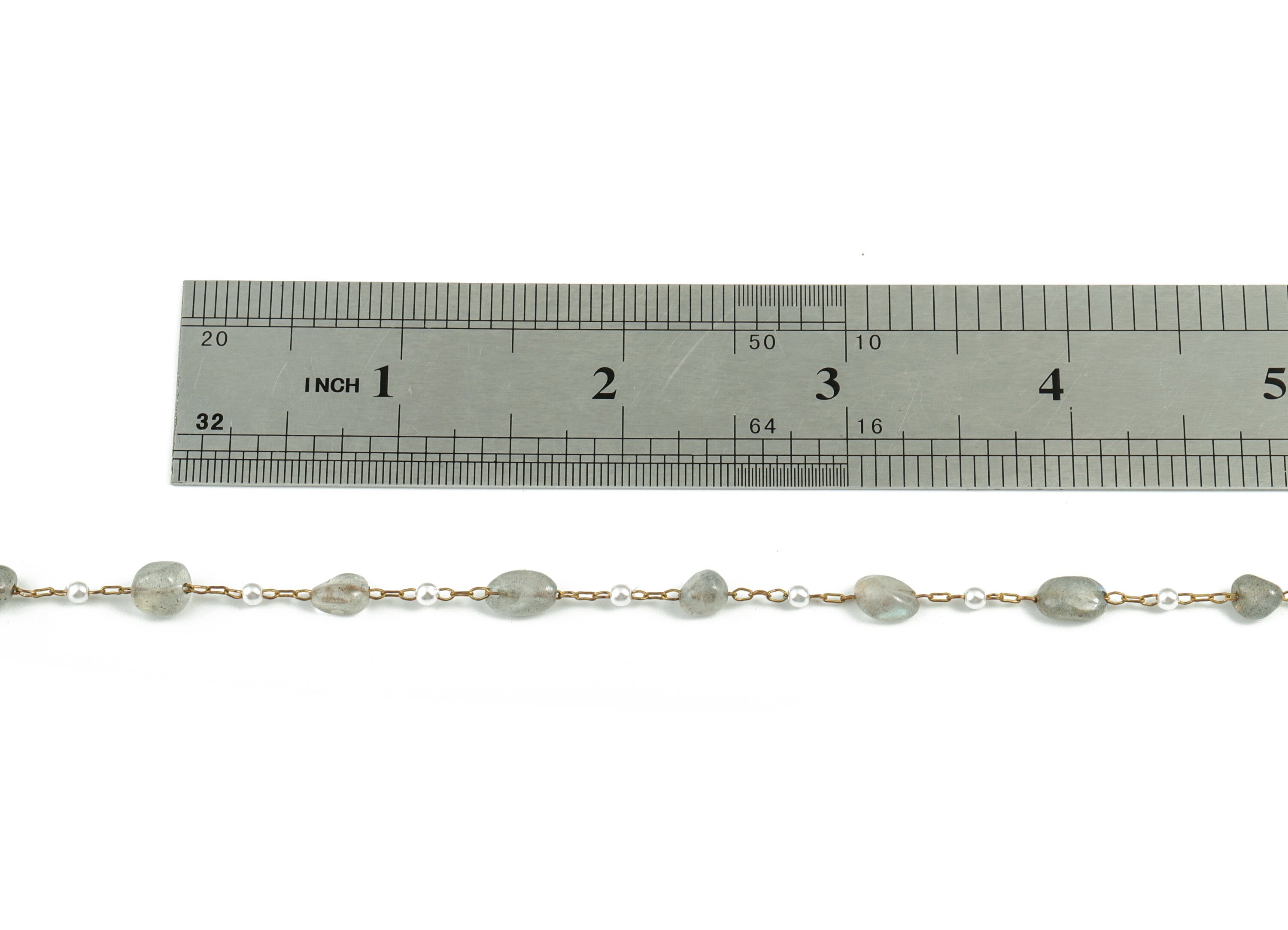 Brass Natural Stone Pearl Beaded Chain – Raw Brass Grey Stones – Satellite Chain for Necklace, Bracelet Chain - 2.3x1.41x0.3mm – CC1175-10 - DOMEDBAZAAR
