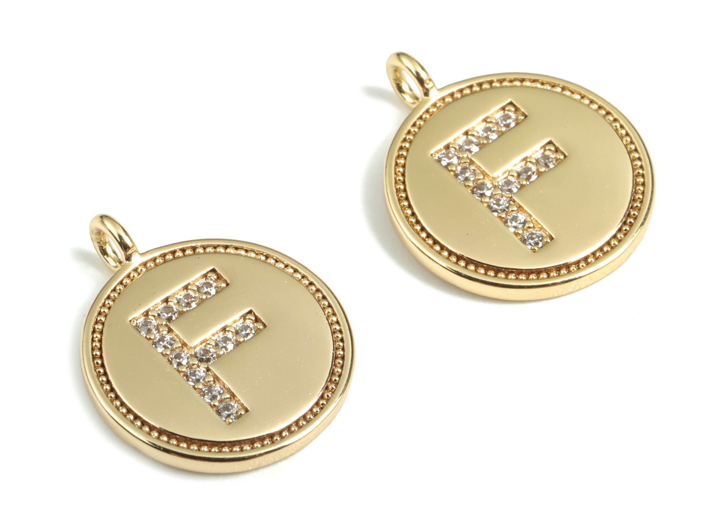 Brass Round Letter F Charm – Initial F Gold Round Pendant – 18k Real Gold Plated Brass Earring Charms – 14.72x11.88x1.39mm - RGP2853F - DOMEDBAZAAR