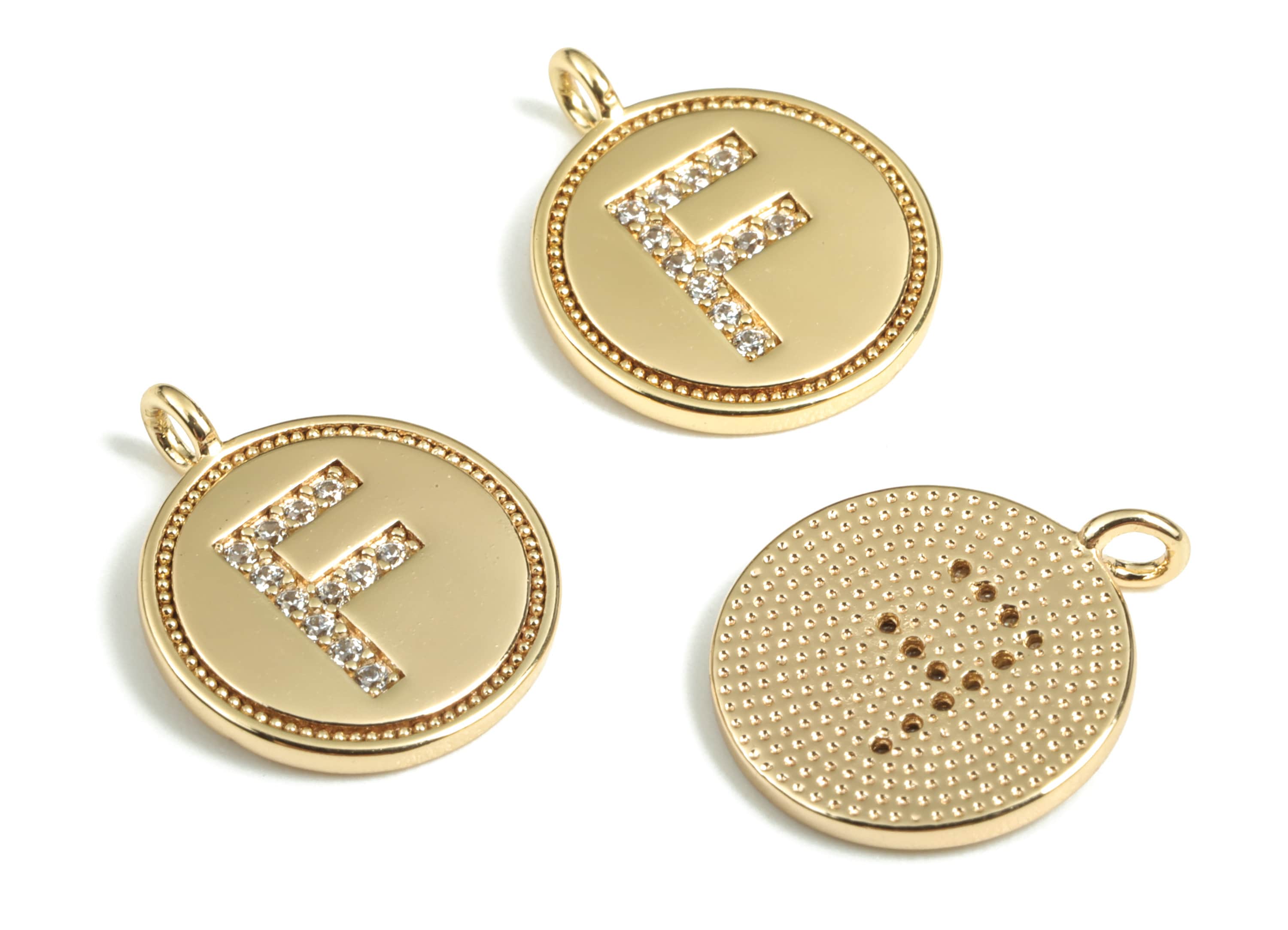 Brass Round Letter F Charm – Initial F Gold Round Pendant – 18k Real Gold Plated Brass Earring Charms – 14.72x11.88x1.39mm - RGP2853F - DOMEDBAZAAR
