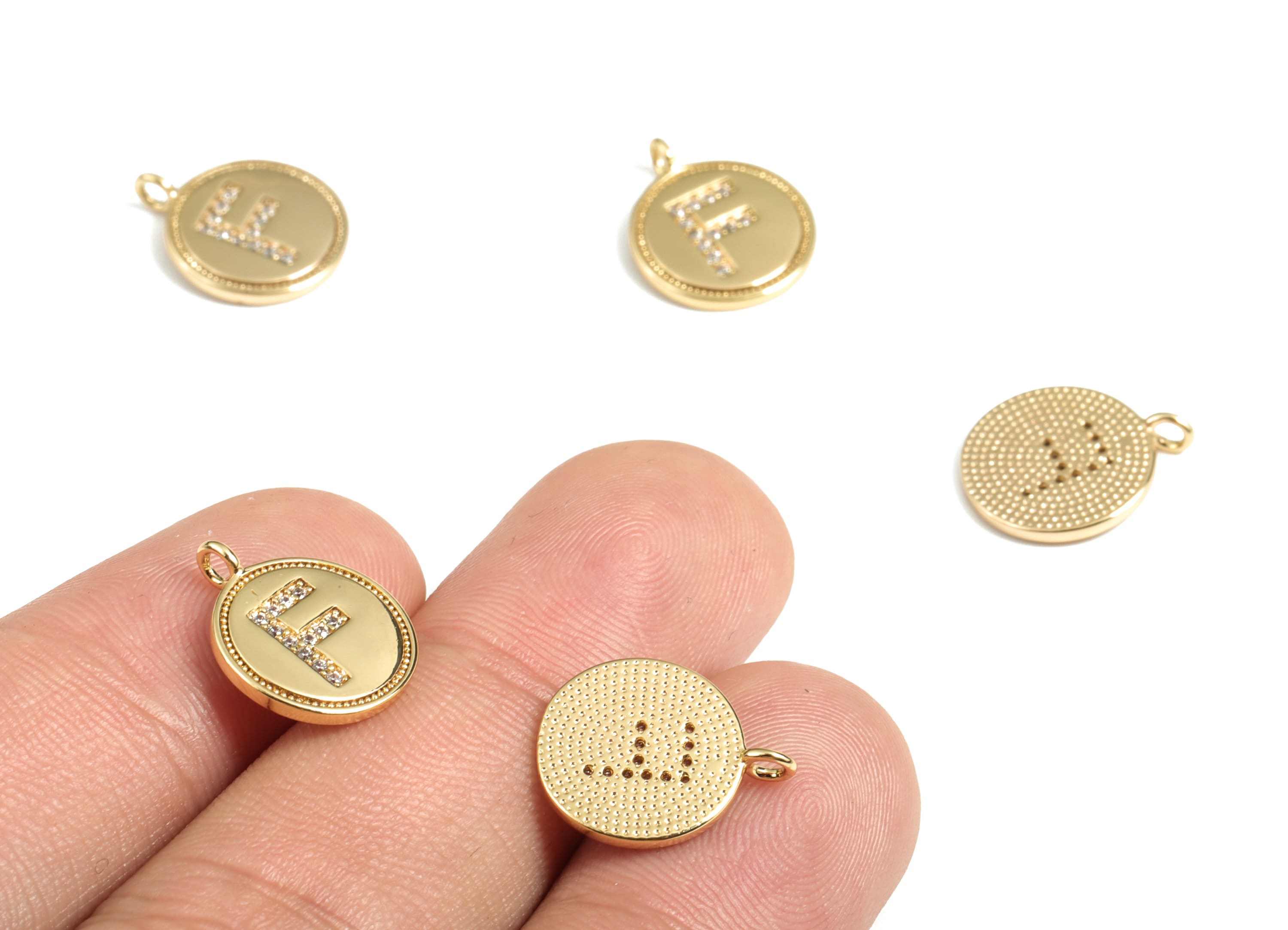 Brass Round Letter F Charm – Initial F Gold Round Pendant – 18k Real Gold Plated Brass Earring Charms – 14.72x11.88x1.39mm - RGP2853F - DOMEDBAZAAR