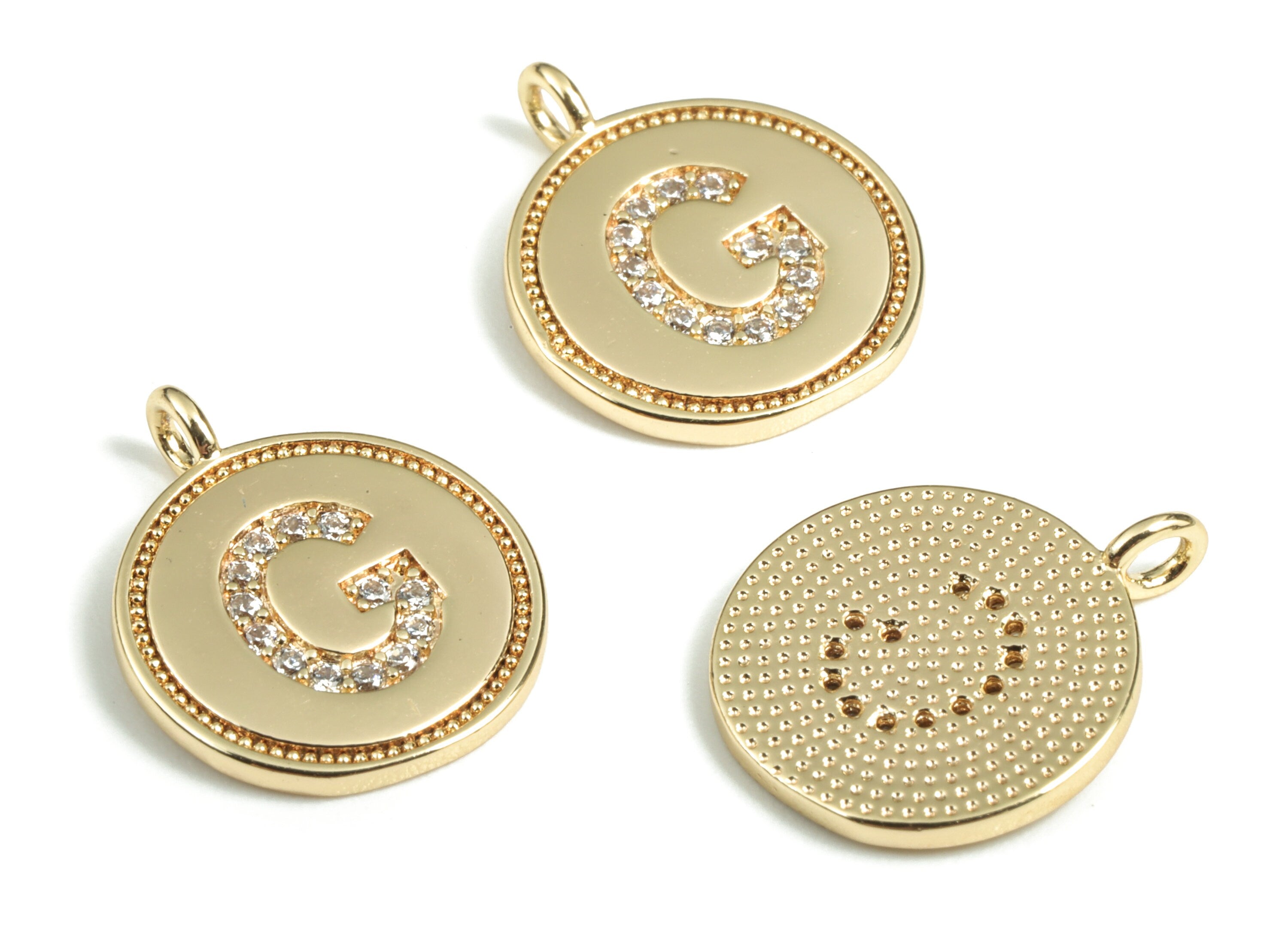 Brass Round Letter G Charm – Initial G Gold Round Pendant – 18k Real Gold Plated Brass Earring Charms – 14.72x11.88x1.39mm - RGP2853G - DOMEDBAZAAR