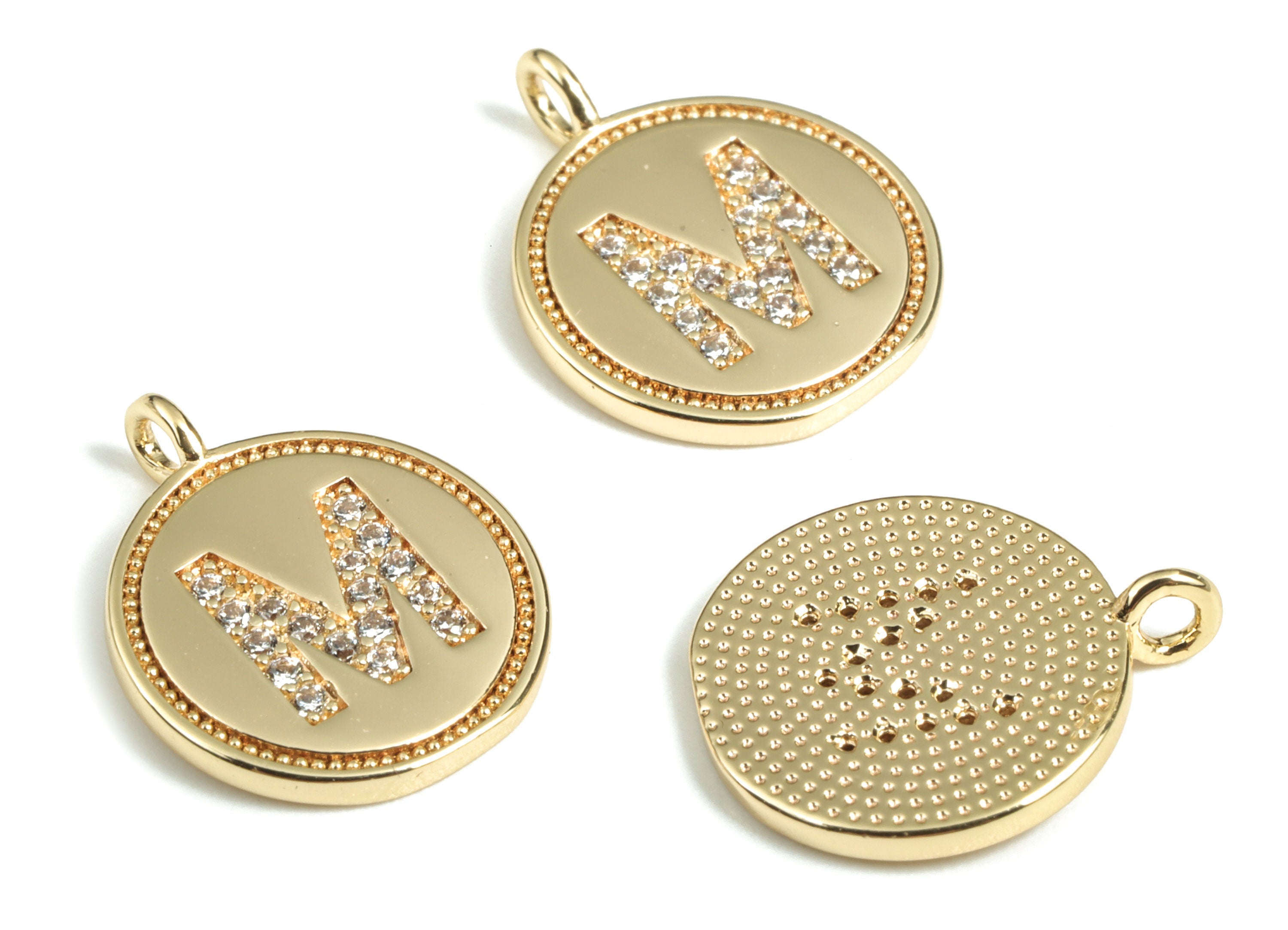 Brass Round Letter M Charm – Initial M Gold Round Pendant – 18k Real Gold Plated Brass Earring Charms – 14.72x11.88x1.39mm - RGP2853M - DOMEDBAZAAR