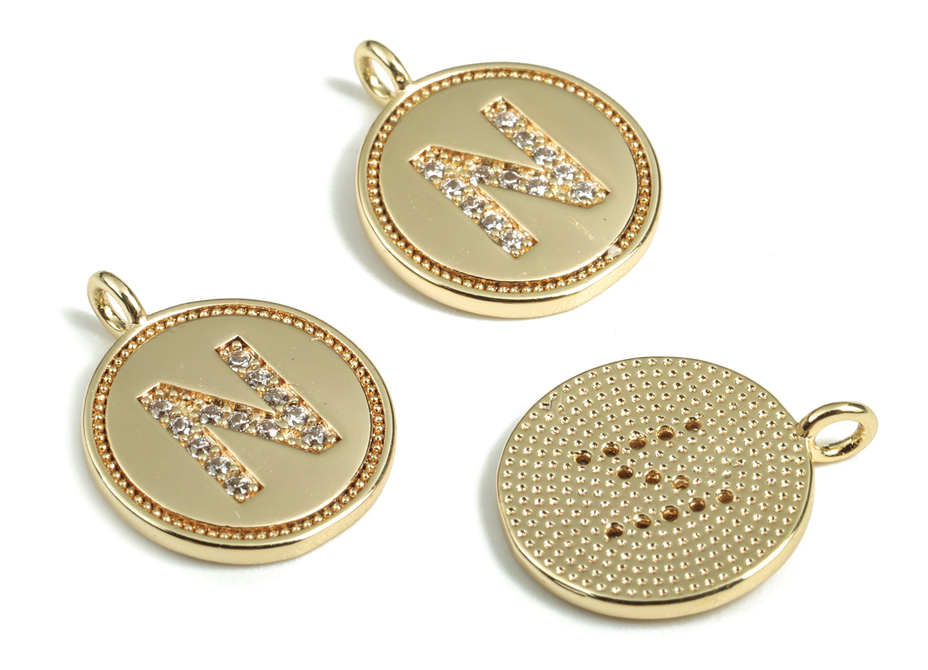 Brass Round Letter N Charm – Initial N Gold Round Pendant – 18k Real Gold Plated Brass Earring Charms – 14.72x11.88x1.39mm - RGP2853N - DOMEDBAZAAR