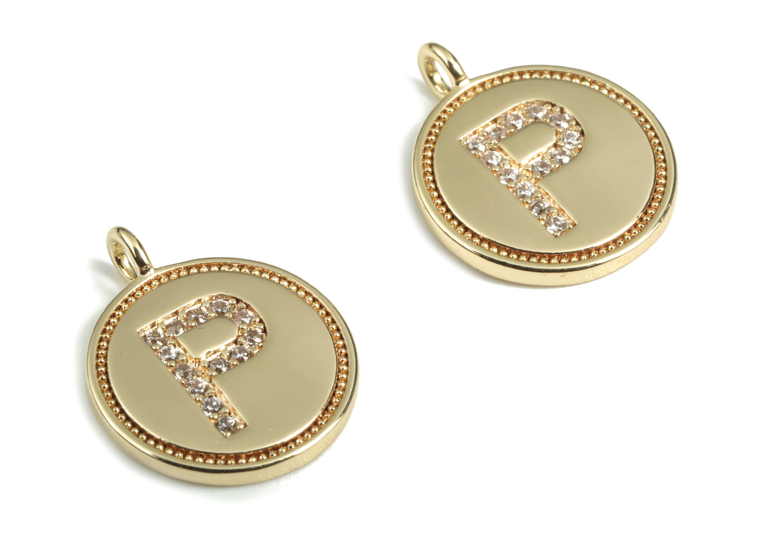 Brass Round Letter P Charm – Initial P Gold Round Pendant – 18k Real Gold Plated Brass Earring Charms – 14.72x11.88x1.39mm - RGP2853P - DOMEDBAZAAR