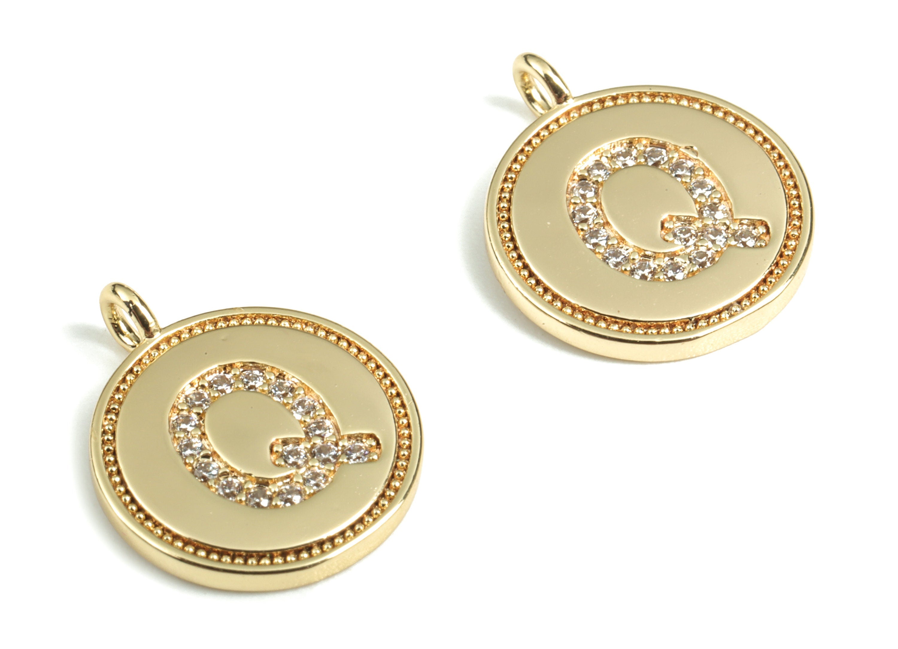 Brass Round Letter Q Charm – Initial Q Gold Round Pendant – 18k Real Gold Plated Brass Earring Charms – 14.72x11.88x1.39mm - RGP2853Q - DOMEDBAZAAR