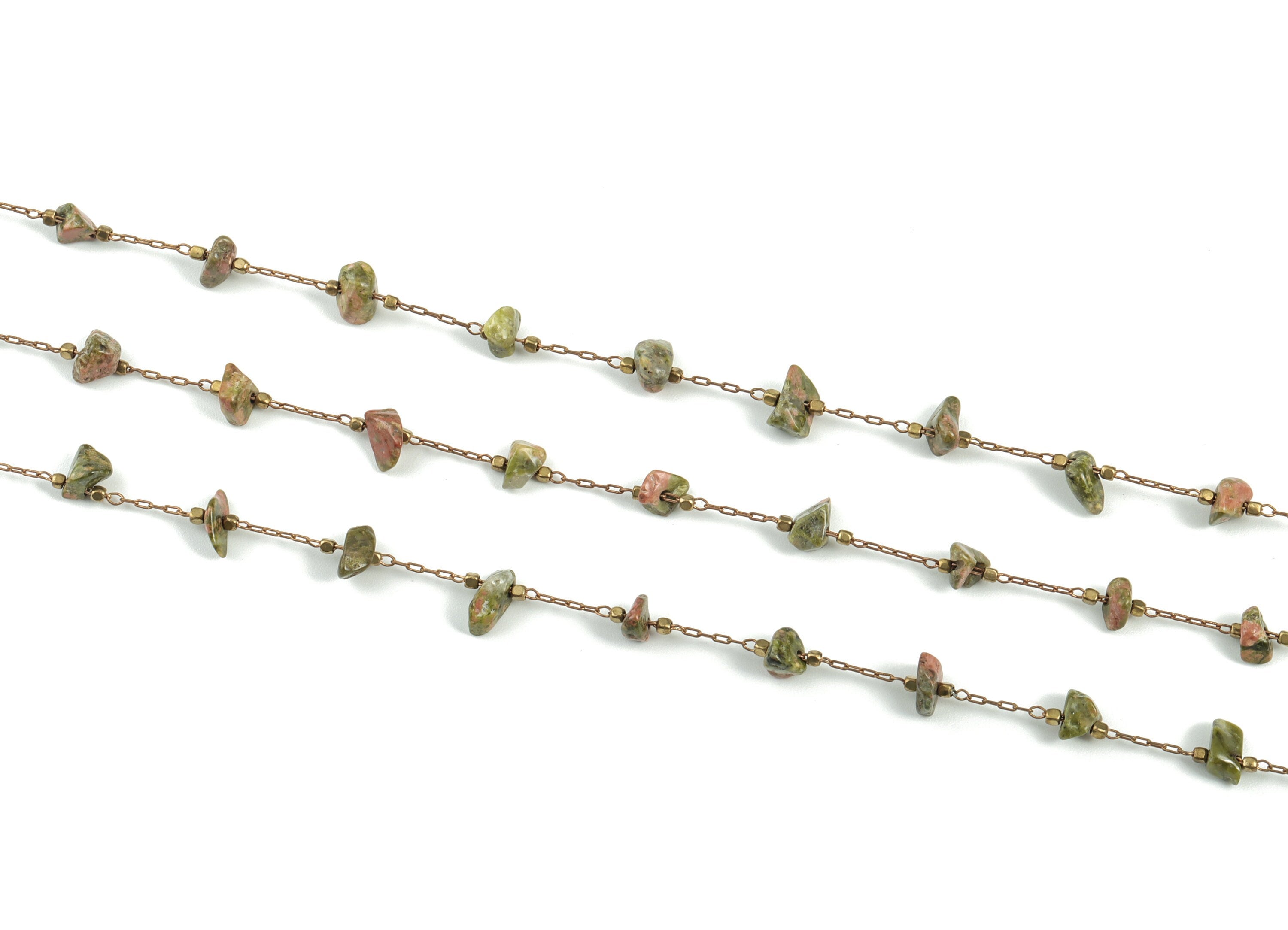 Brass Natural Stone Beaded Chain – Natural Green Pink Stones – Satellite Chain for Necklace, Bracelet Chain - 2.02x0.86x0.2mm – CC1175-2 - DOMEDBAZAAR
