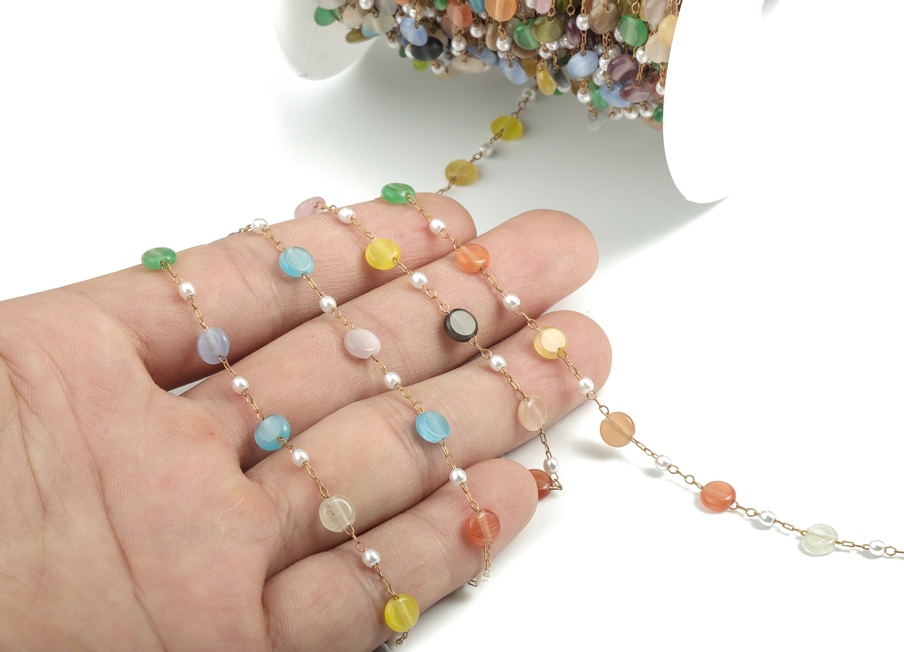 Brass Multi Color Mix Natural Stone Chain – Raw Brass Necklace, Bracelet Chain – Stone & Pearl Chain - 2.17x1.48x0.23mm – CC1175-13 - DOMEDBAZAAR