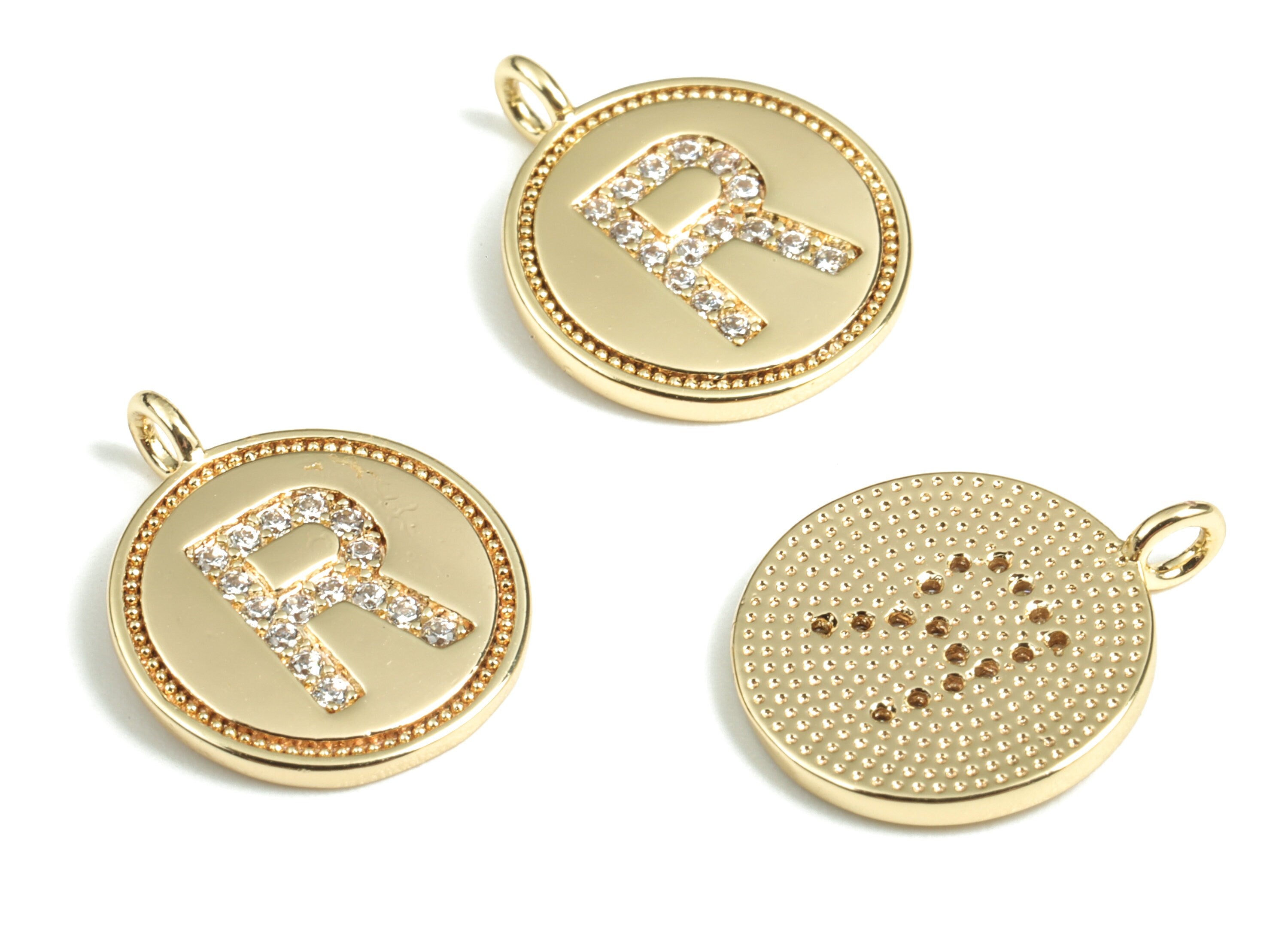 Brass Round Letter R Charm – Initial R Gold Round Pendant – 18k Real Gold Plated Brass Earring Charms – 14.72x11.88x1.39mm - RGP2853R - DOMEDBAZAAR