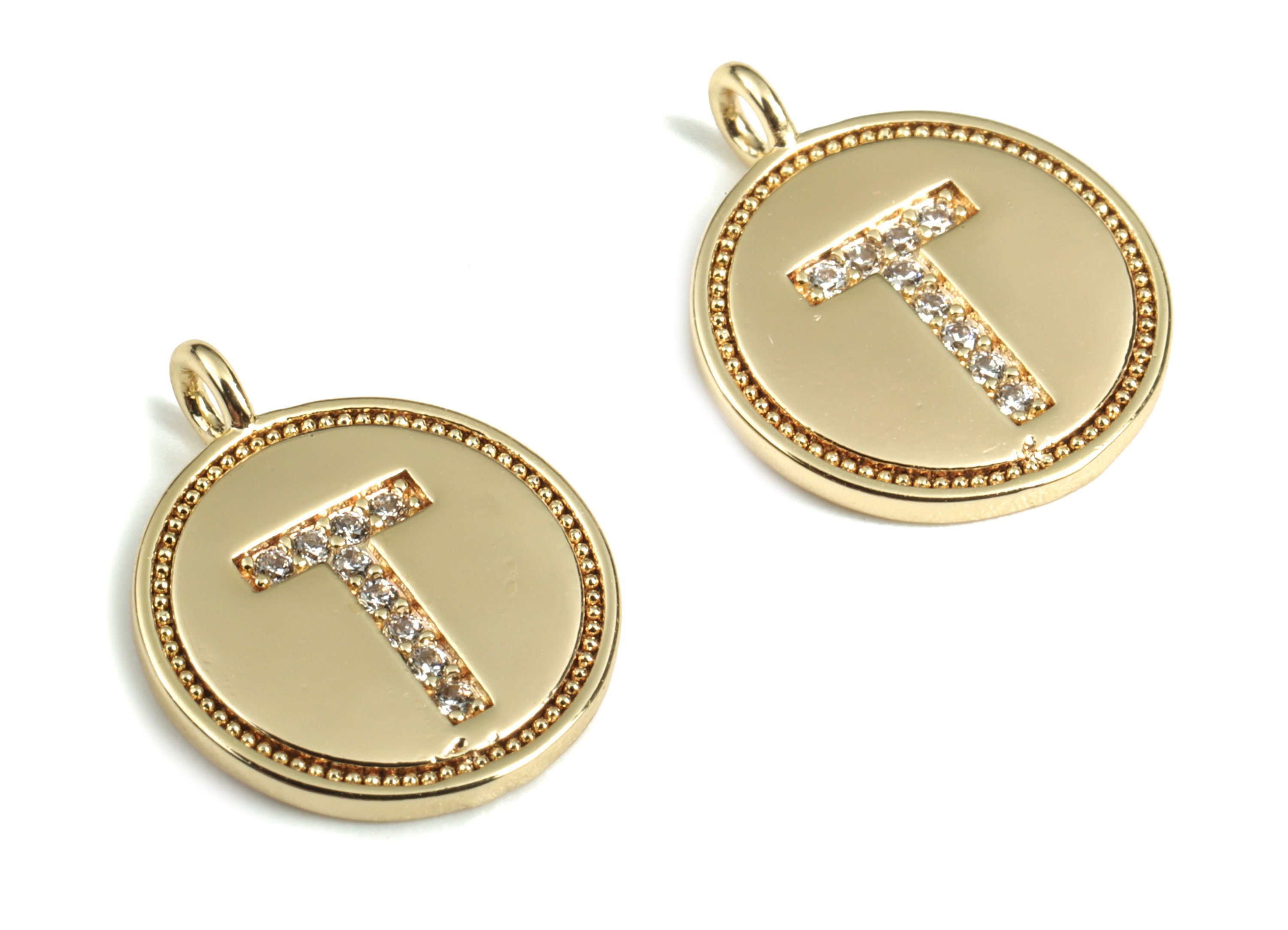 Brass Round Letter T Charm – Initial T Gold Round Pendant – 18k Real Gold Plated Brass Earring Charms – 14.72x11.88x1.39mm - RGP2853T - DOMEDBAZAAR