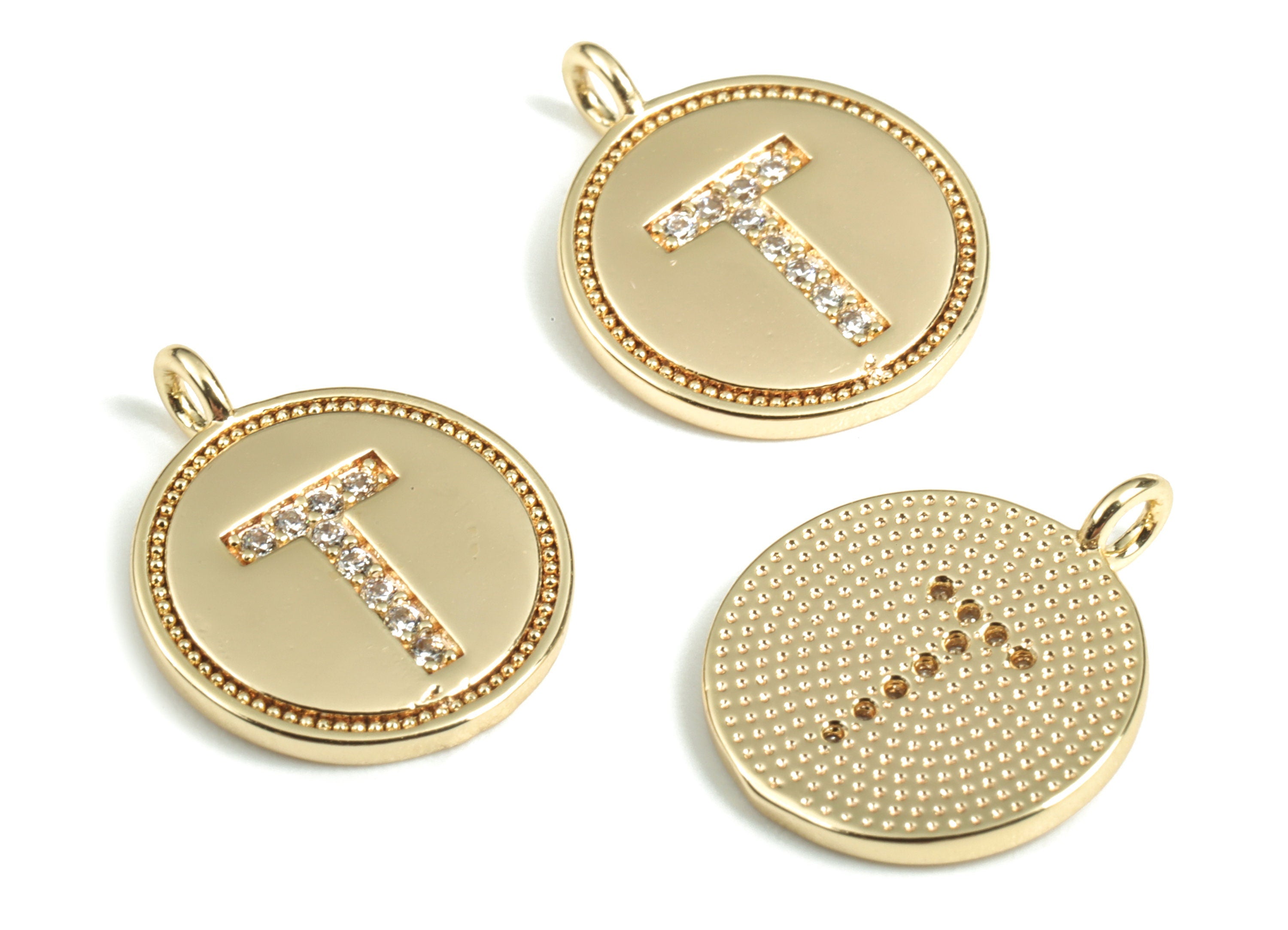Brass Round Letter T Charm – Initial T Gold Round Pendant – 18k Real Gold Plated Brass Earring Charms – 14.72x11.88x1.39mm - RGP2853T - DOMEDBAZAAR
