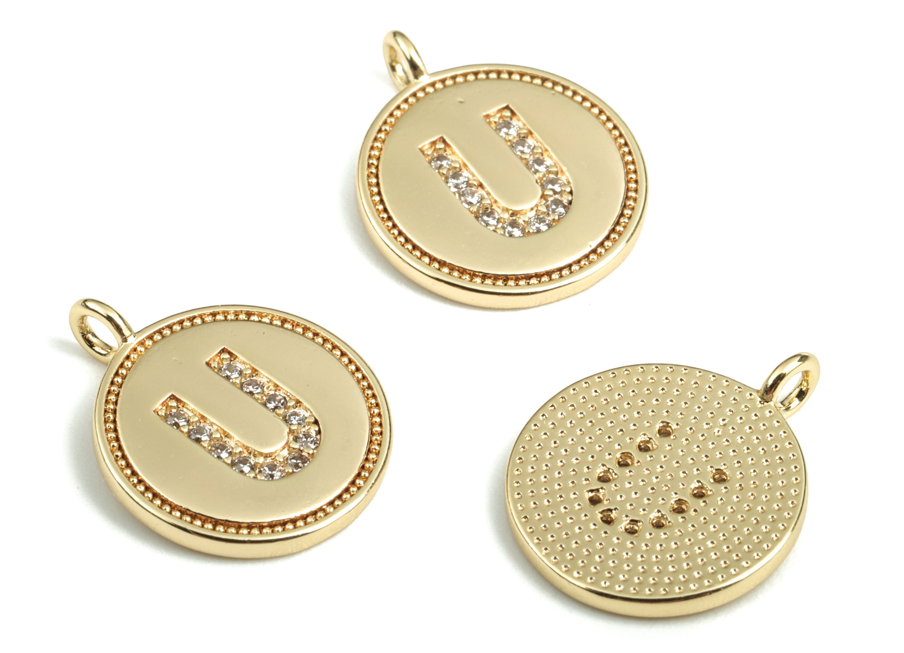 Brass Round Letter U Charm – Initial U Gold Round Pendant – 18k Real Gold Plated Brass Earring Charms – 14.72x11.88x1.39mm - RGP2853U - DOMEDBAZAAR