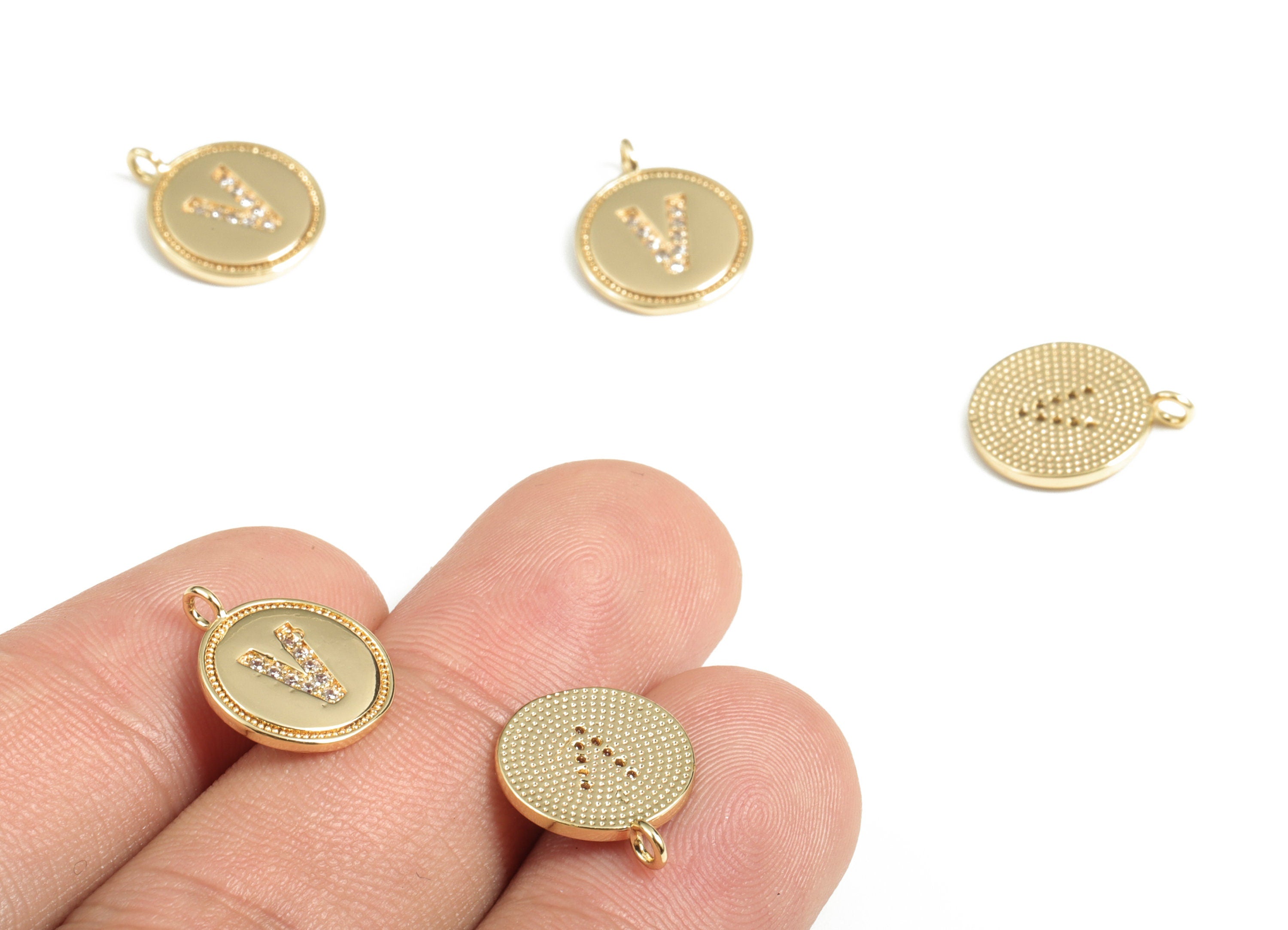 Brass Round Letter V Charm – Initial V Gold Round Pendant – 18k Real Gold Plated Brass Earring Charms – 14.72x11.88x1.39mm - RGP2853V - DOMEDBAZAAR