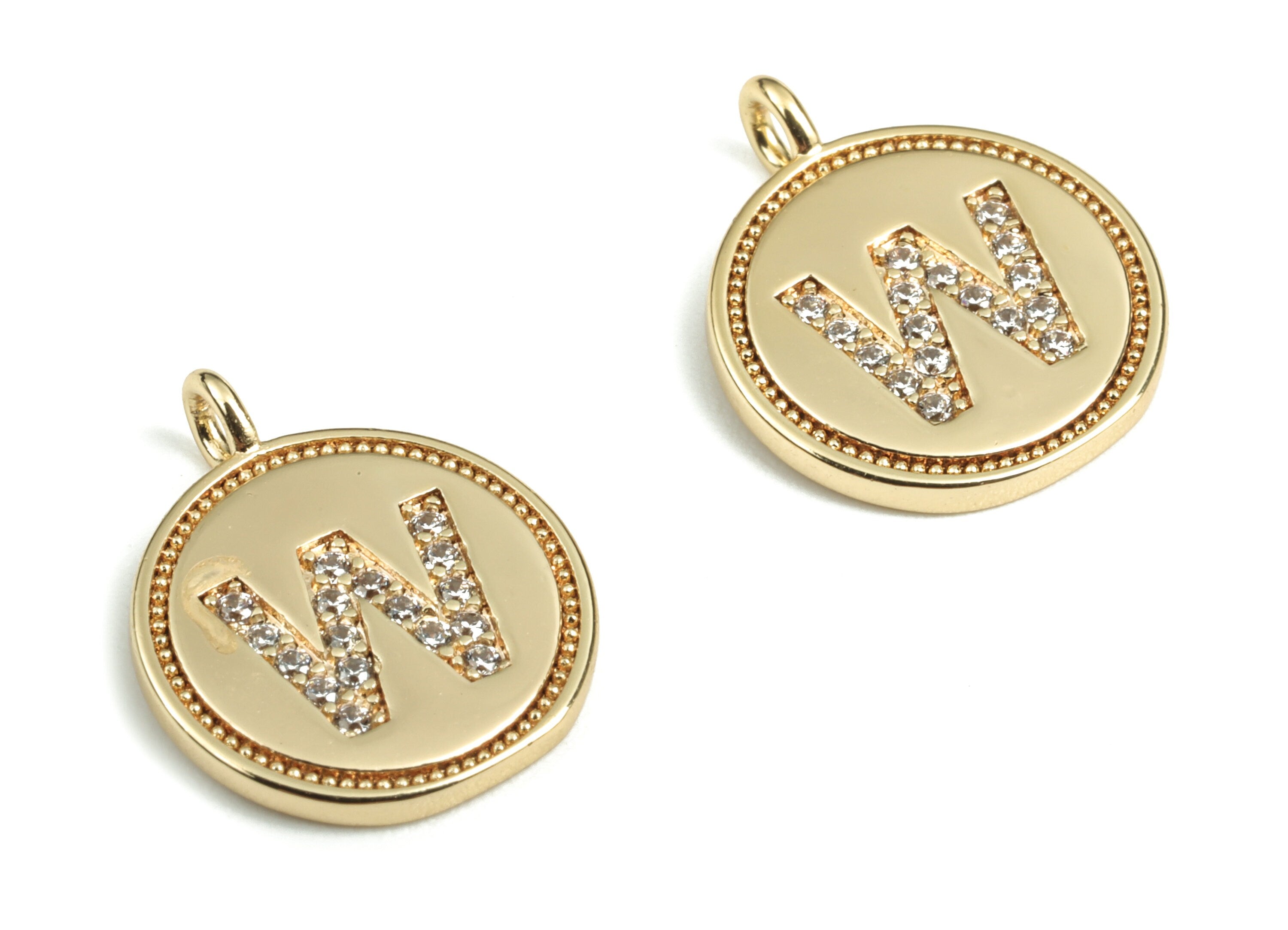 Brass Round Letter W Charm – Initial W Gold Round Pendant – 18k Real Gold Plated Brass Earring Charms – 14.72x11.88x1.39mm - RGP2853W - DOMEDBAZAAR