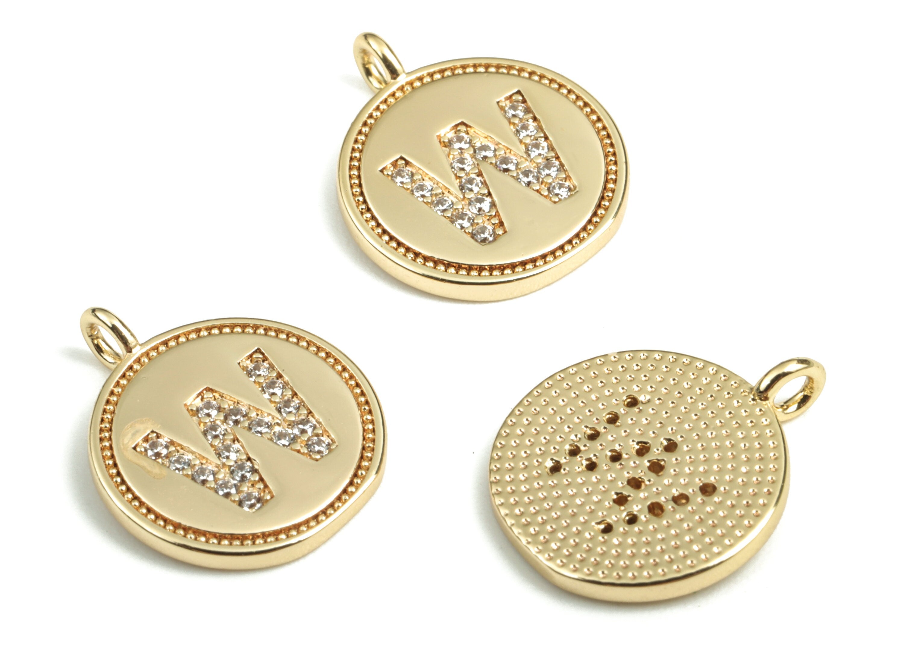 Brass Round Letter W Charm – Initial W Gold Round Pendant – 18k Real Gold Plated Brass Earring Charms – 14.72x11.88x1.39mm - RGP2853W - DOMEDBAZAAR