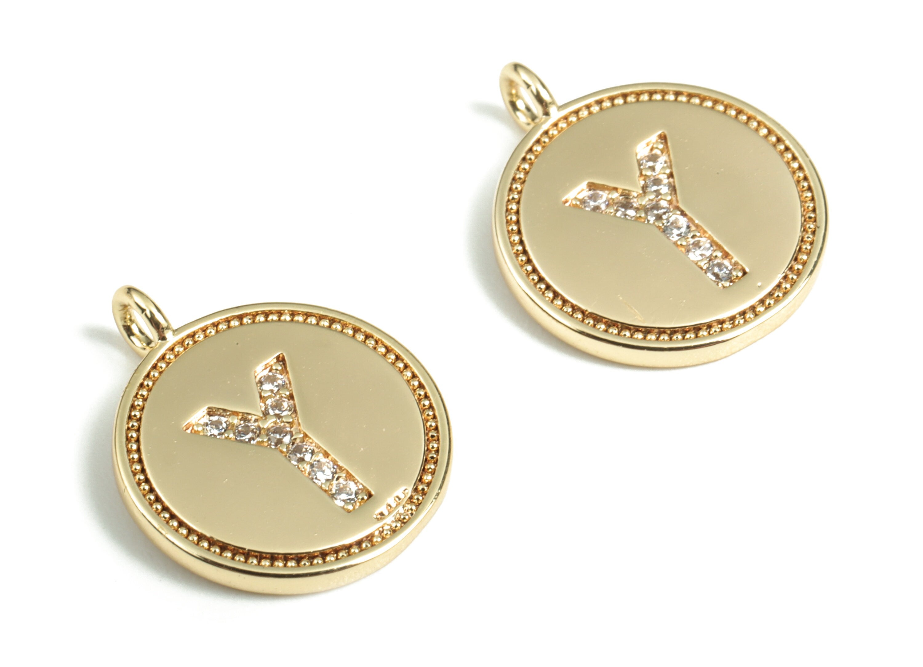 Brass Round Letter Y Charm – Initial Y Gold Round Pendant – 18k Real Gold Plated Brass Earring Charms – 14.72x11.88x1.39mm - RGP2853Y - DOMEDBAZAAR