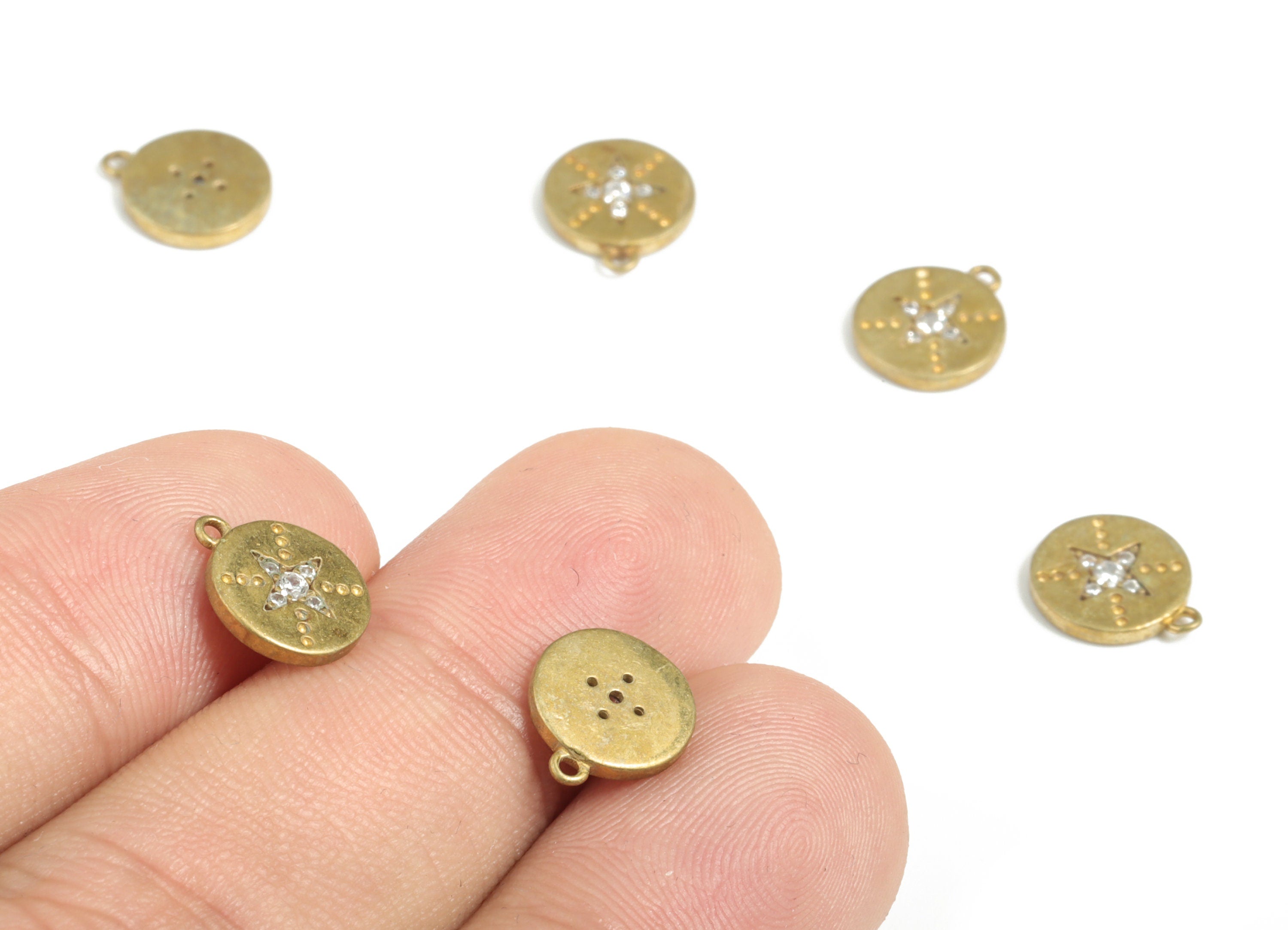 Brass Round Earring Charms with Zircon – Raw Brass Star Earring Bracelet Charms – DIY Jewelry Making Supplies – 10.14x8.71x1.5mm – PP3836 - DOMEDBAZAAR