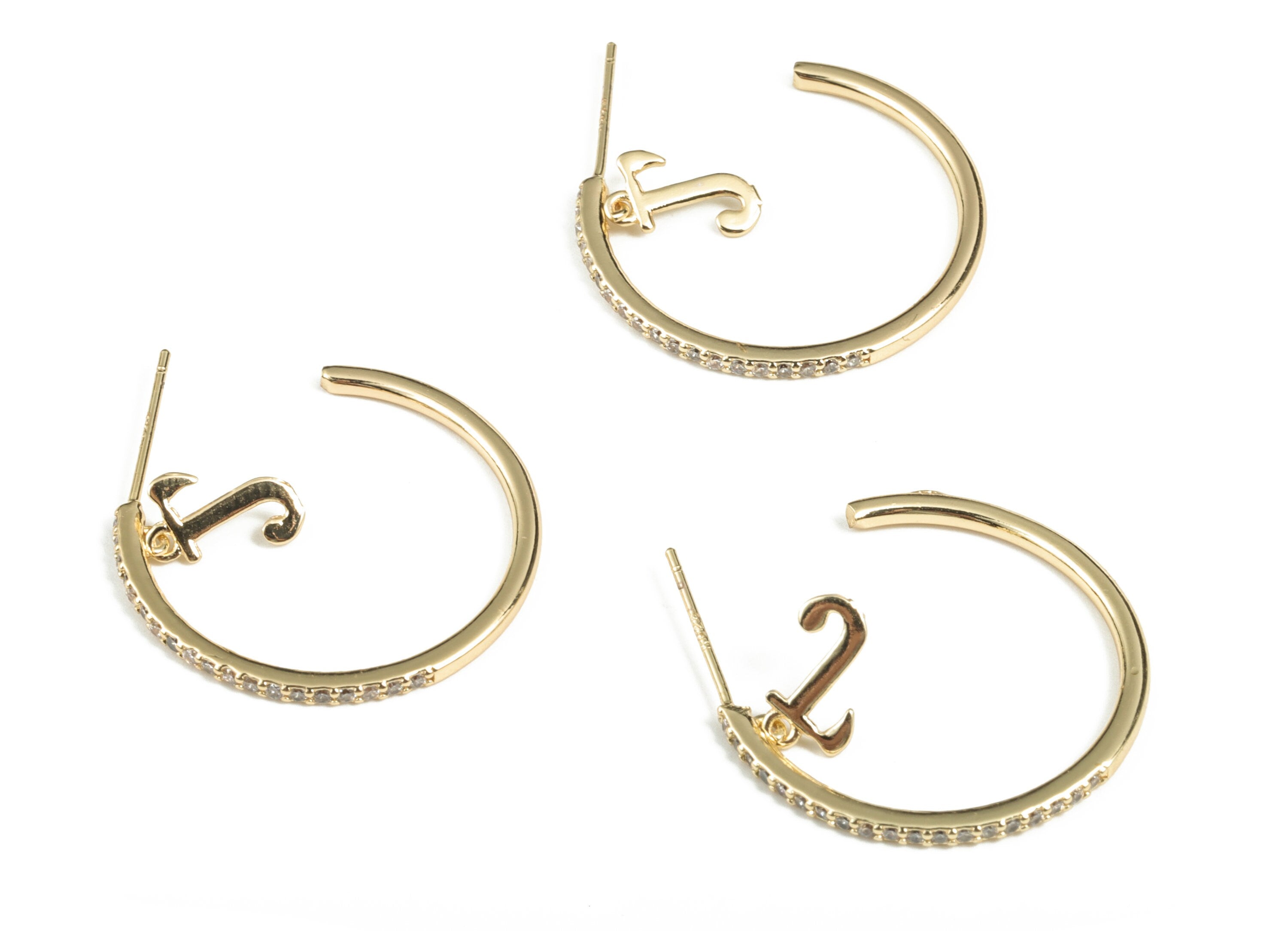 Brass C Earring Post With Zircons - Gold C Earring Stud - 18K Real Gold Plating - 316 Surgical Stainless Steel - 25.36x20.91x1.6mm - RGP2863 - DOMEDBAZAAR