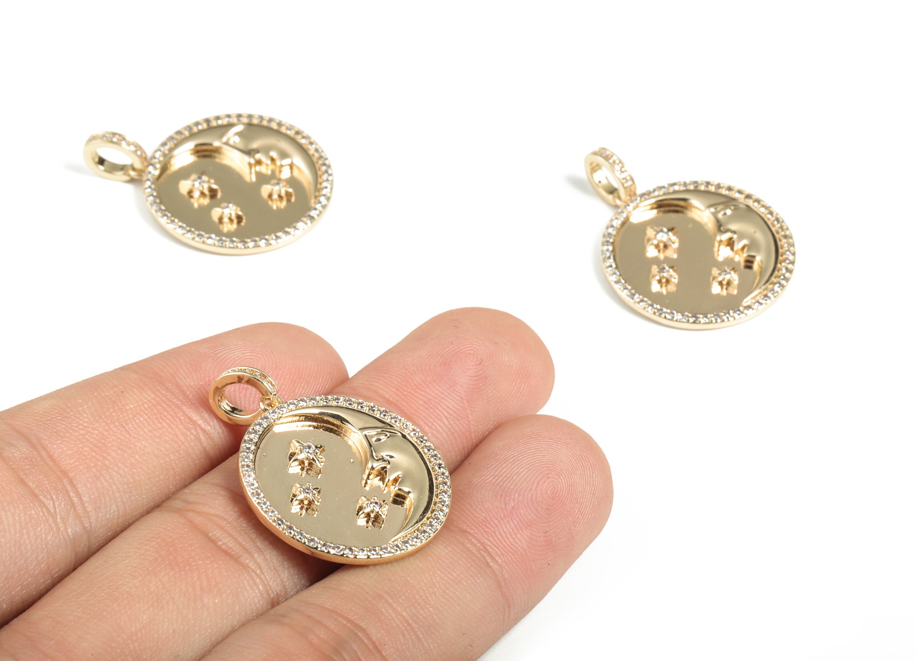Brass Round Moon Star Earring Charms With Zircons - Gold Circle Moon Star Pendant - 18K Real Gold Plated Brass - 30.88x22.93x2.9mm - RGP2841 - DOMEDBAZAAR