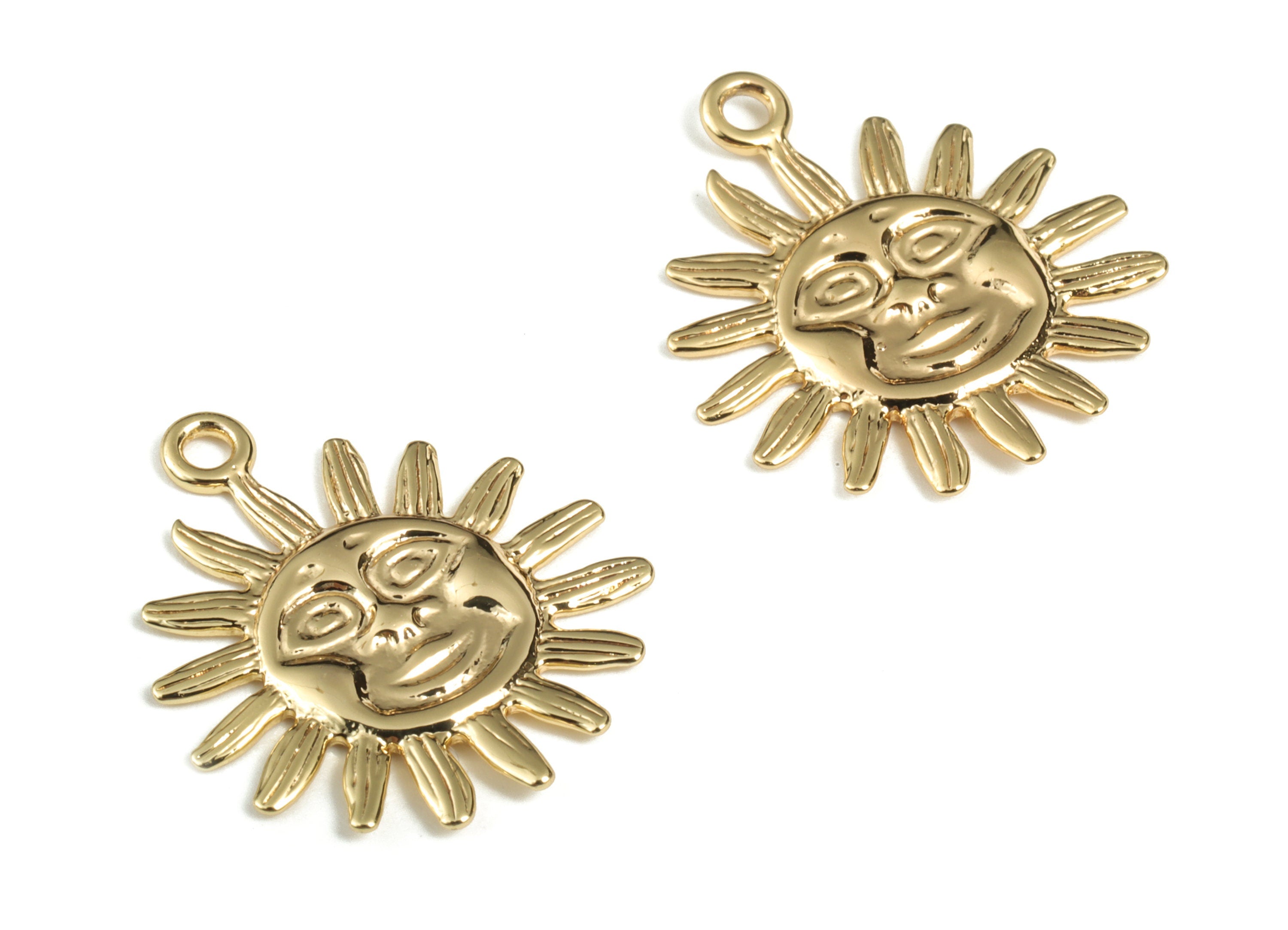 Brass Sunshine Face Earring Charms - Gold Sun Face Pendant - 18K Real Gold Plating - Jewelry Making Supplies - 20.02x16.62x1.17mm - RGP2877 - DOMEDBAZAAR