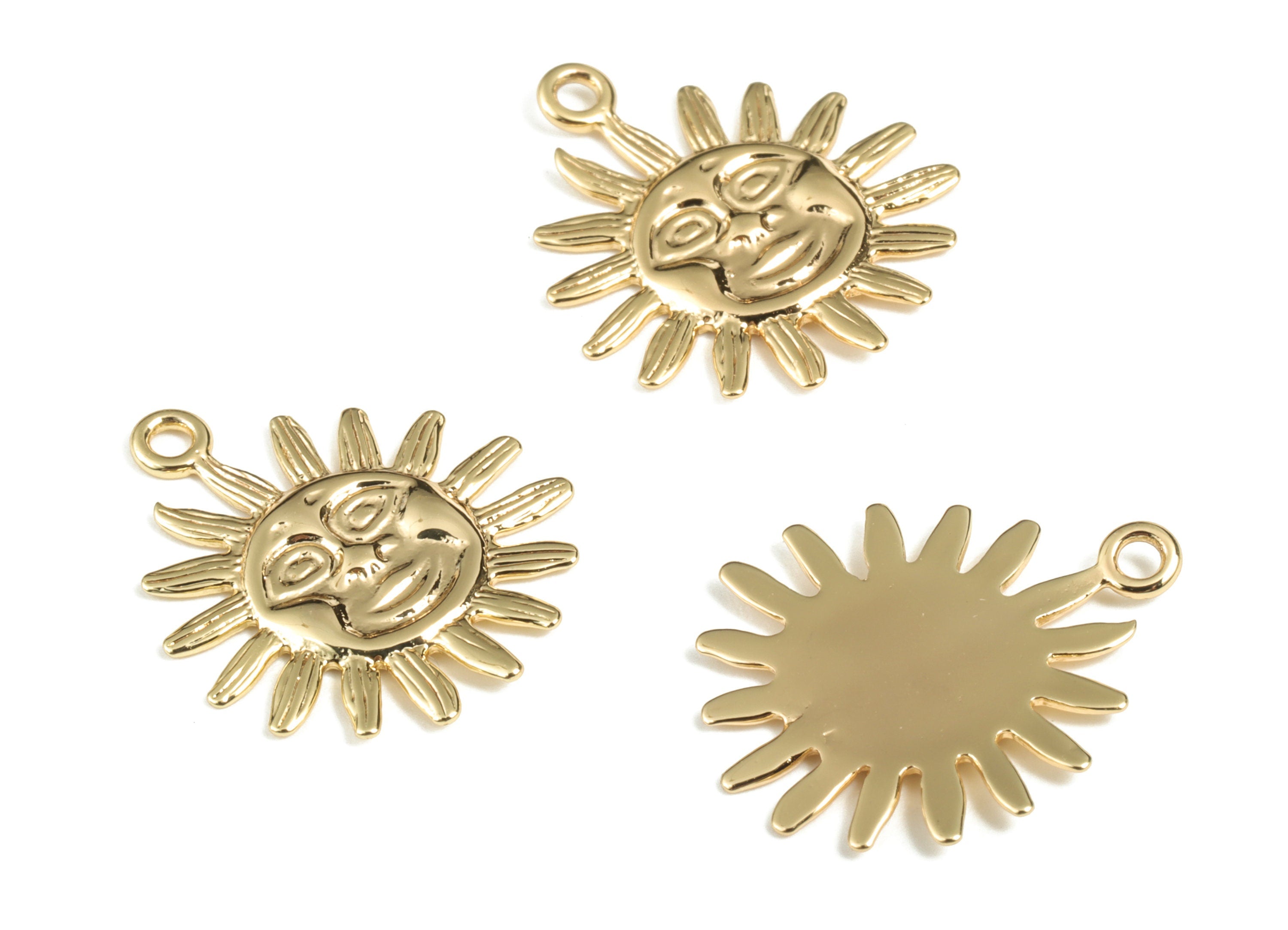 Brass Sunshine Face Earring Charms - Gold Sun Face Pendant - 18K Real Gold Plating - Jewelry Making Supplies - 20.02x16.62x1.17mm - RGP2877 - DOMEDBAZAAR