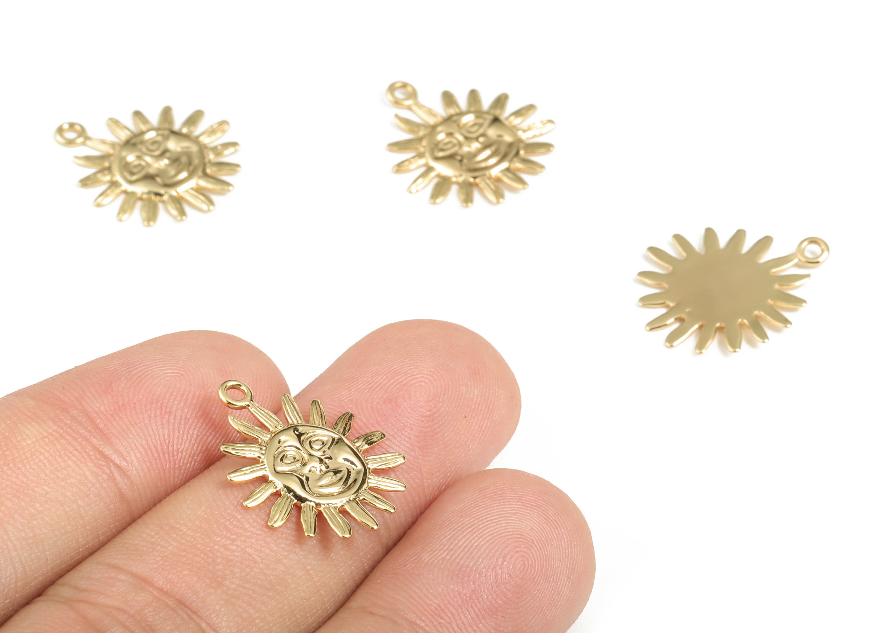 Brass Sunshine Face Earring Charms - Gold Sun Face Pendant - 18K Real Gold Plating - Jewelry Making Supplies - 20.02x16.62x1.17mm - RGP2877 - DOMEDBAZAAR