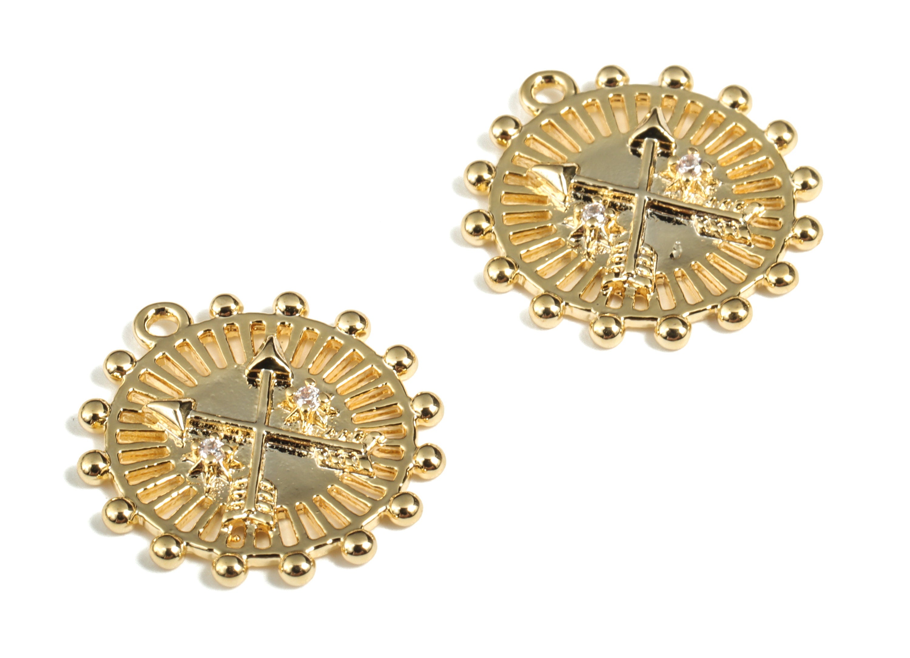 Brass Round Arrow Earring Charms With Zircons - Gold Circle Arrow Pendant - 18K Real Gold Plating - 17.66x16.69x2.05mm - RGP2887 - DOMEDBAZAAR