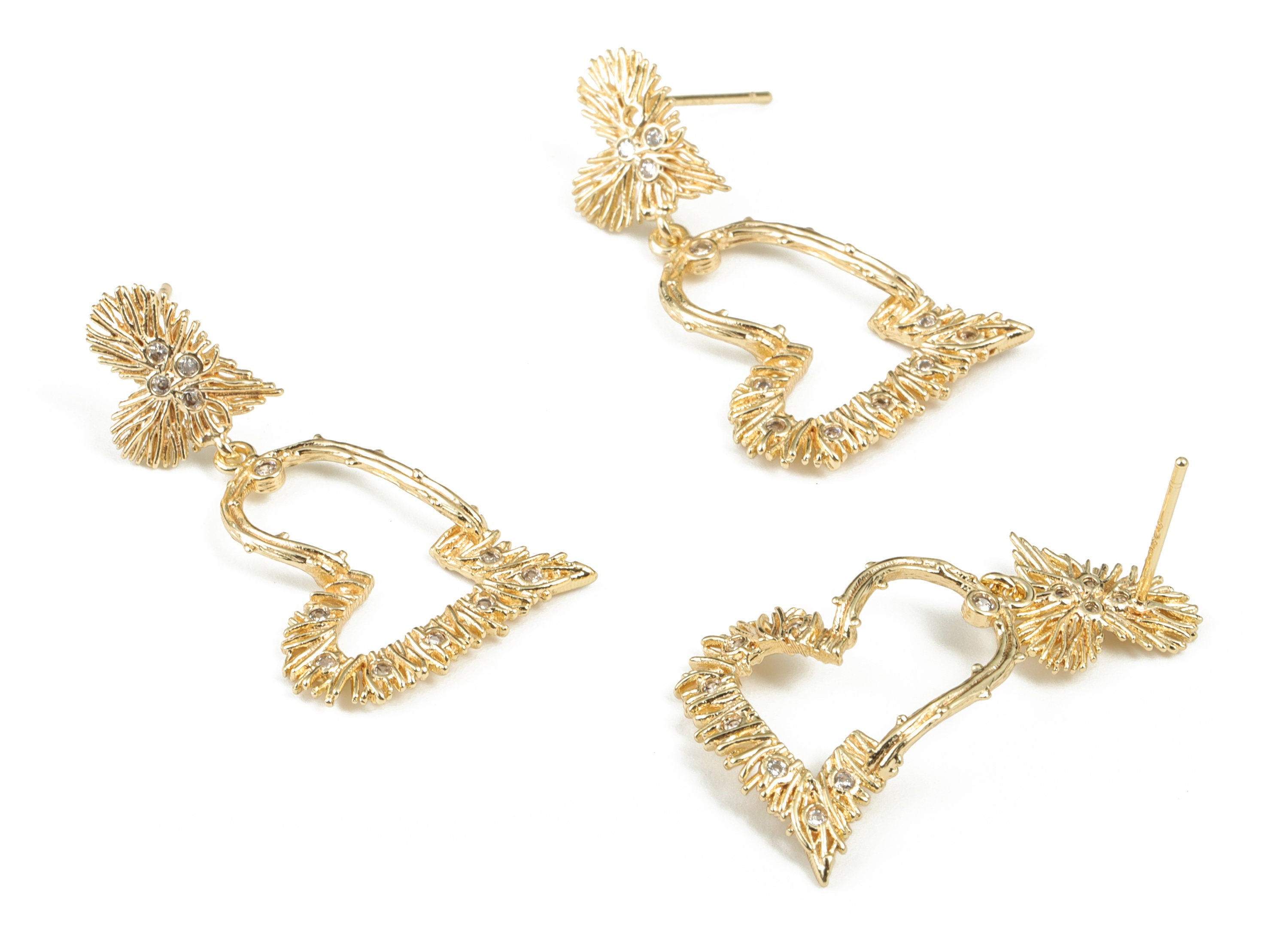Brass Double Heart Earring Post With Zircons - Gold Double Heart Earring Stud - 316 Surgical Stainless Steel - 33.13x19.72x1.81mm - RGP2876 - DOMEDBAZAAR