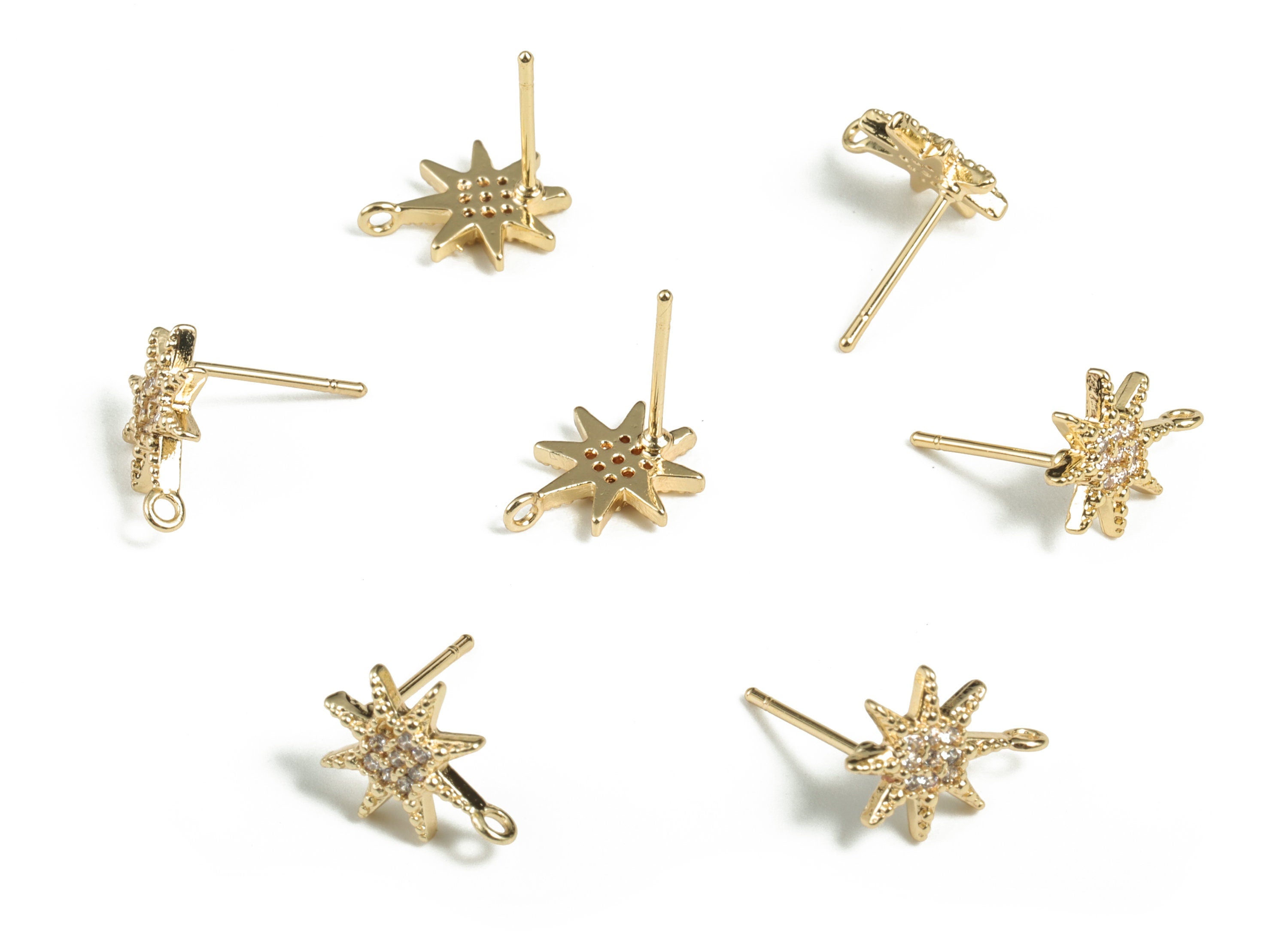 Brass Flower Earring Post With Zircons - Gold Flower Stud - 18K Real Gold Plating - 316 Surgical Stainless Steel - 11.83x9x1.9mm - RGP2880 - DOMEDBAZAAR