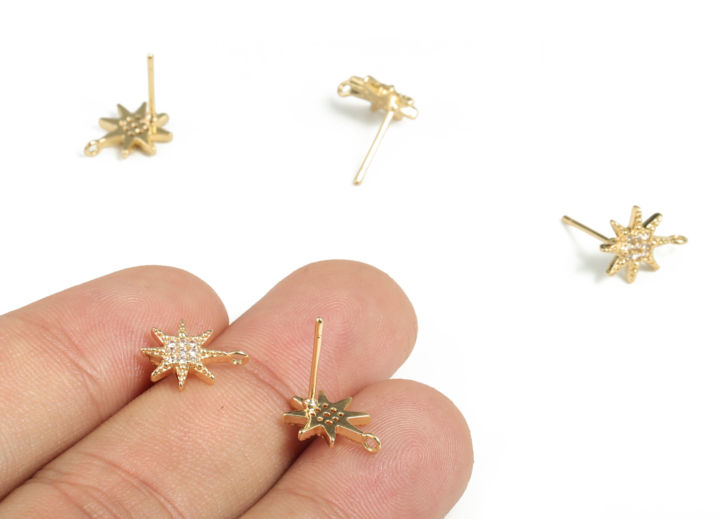 Brass Flower Earring Post With Zircons - Gold Flower Stud - 18K Real Gold Plating - 316 Surgical Stainless Steel - 11.83x9x1.9mm - RGP2880 - DOMEDBAZAAR