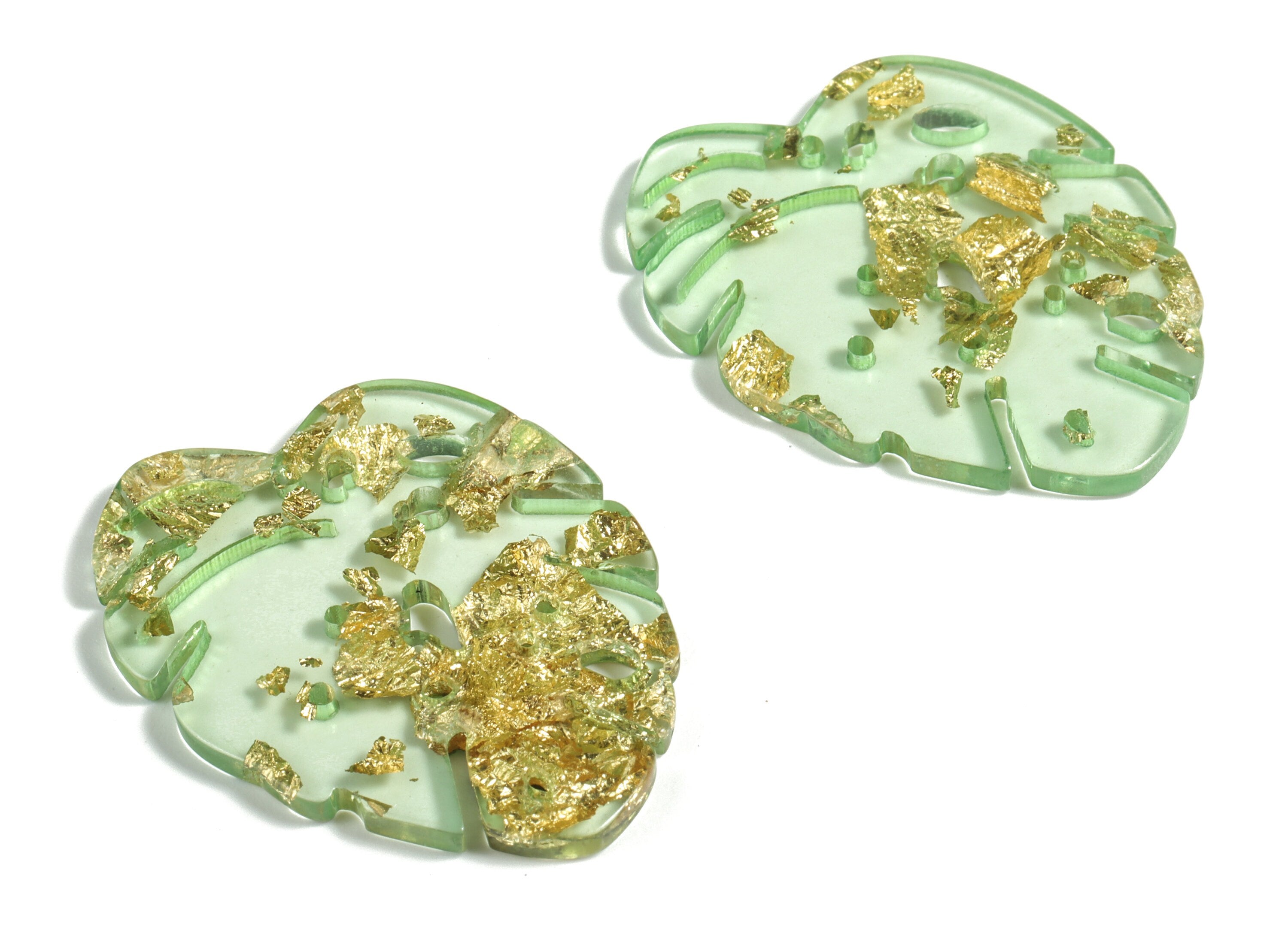 Acrylic Leaf Earring Charms - Monstera Pendant - Gold Foil & Confetti Clear Green - Color Code:A292 - 40.08x31.3x2.64mm - AC2175-A292 - DOMEDBAZAAR