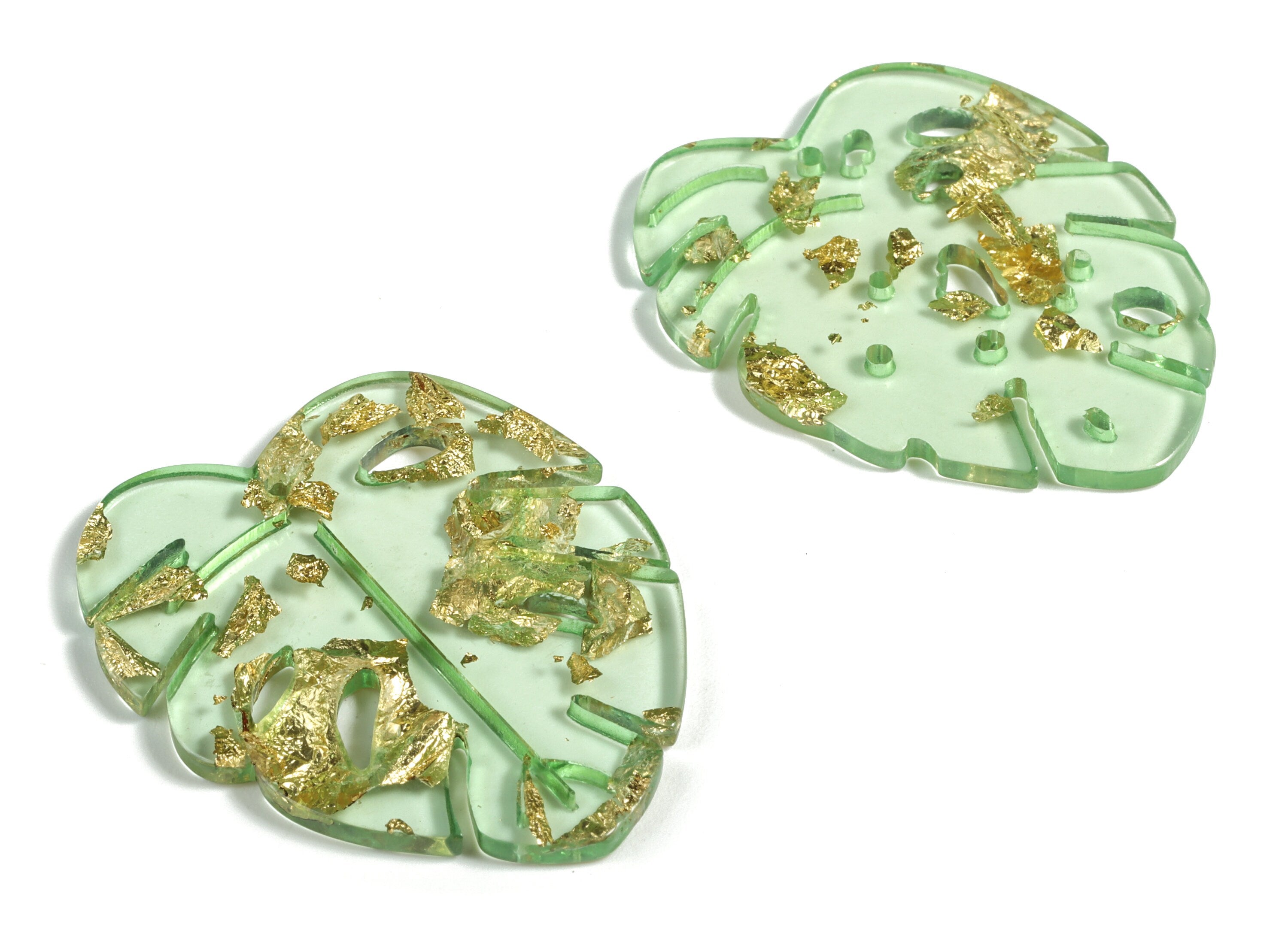 Acrylic Leaf Earring Charms - Monstera Earrings - Gold Foil & Confetti ClearGreen - Color Code:A292 - 40.05x32.48x2.72mm - AC2176-A292 - DOMEDBAZAAR