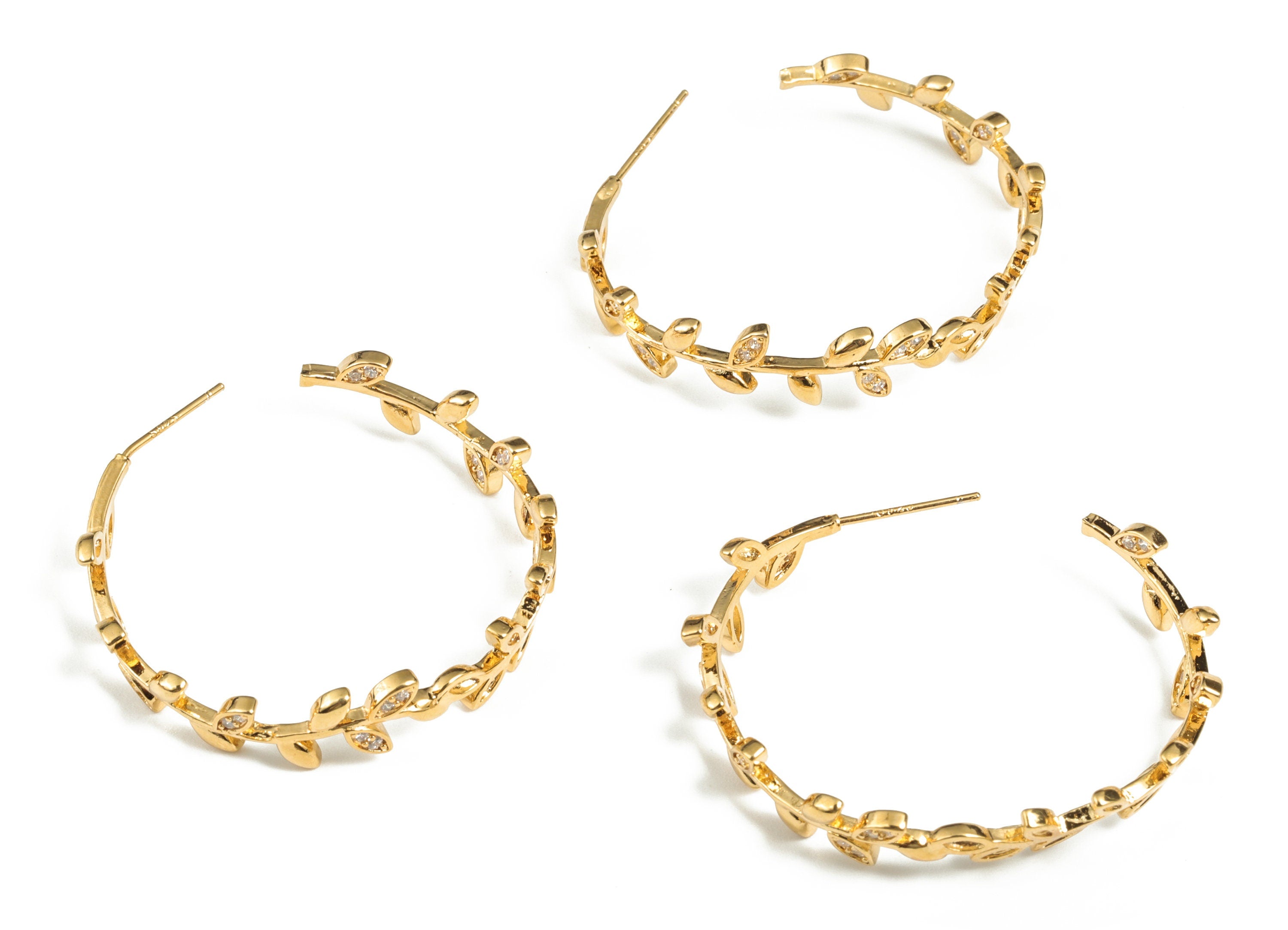 Brass C Leaves Earring Post With Zircons - Gold C Leaves Stud - 18K Real Gold Plating - 316 Surgical Stainless Steel - 37x34x2mm- RGP2858 - DOMEDBAZAAR