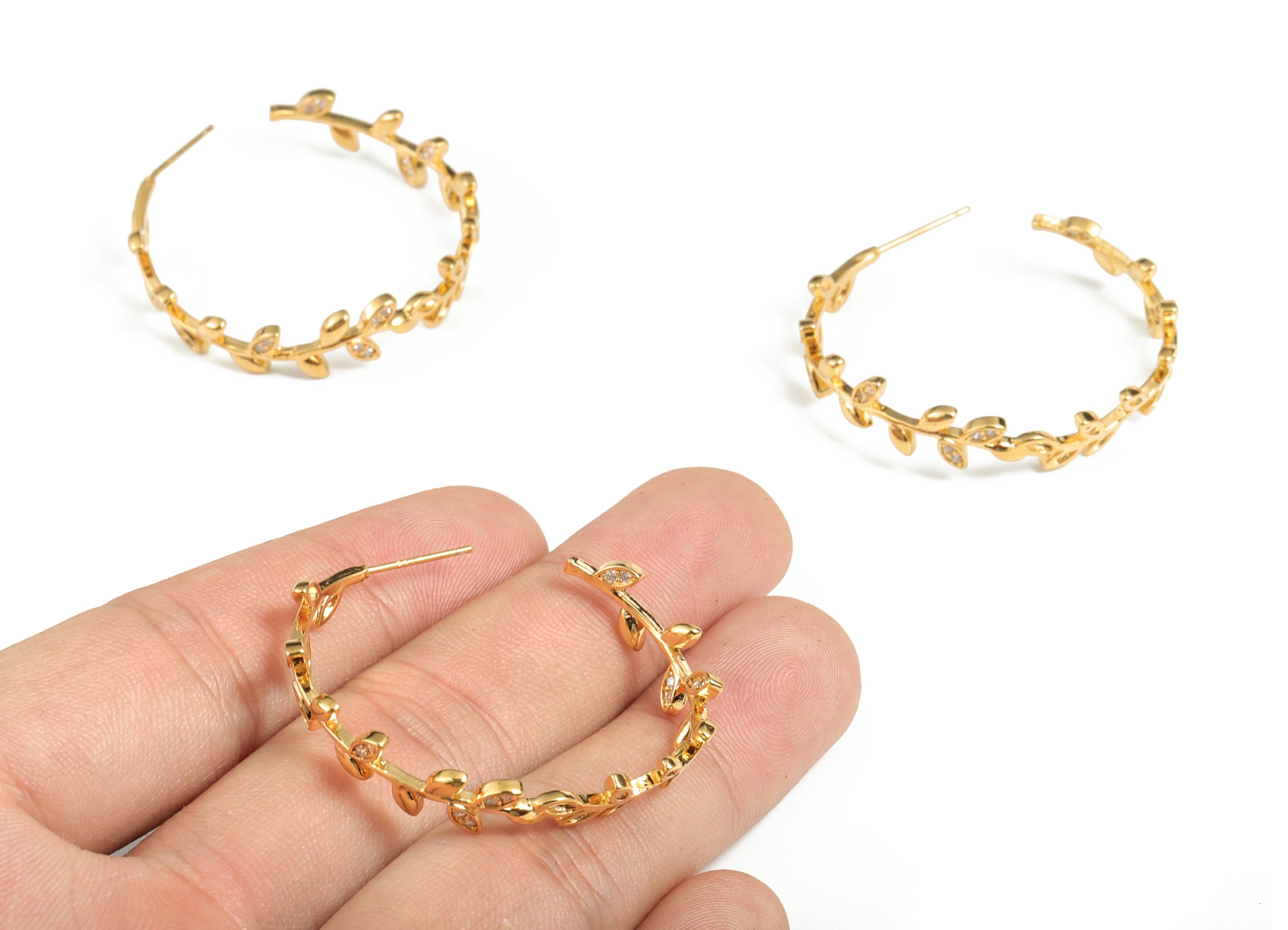 Brass C Leaves Earring Post With Zircons - Gold C Leaves Stud - 18K Real Gold Plating - 316 Surgical Stainless Steel - 37x34x2mm- RGP2858 - DOMEDBAZAAR