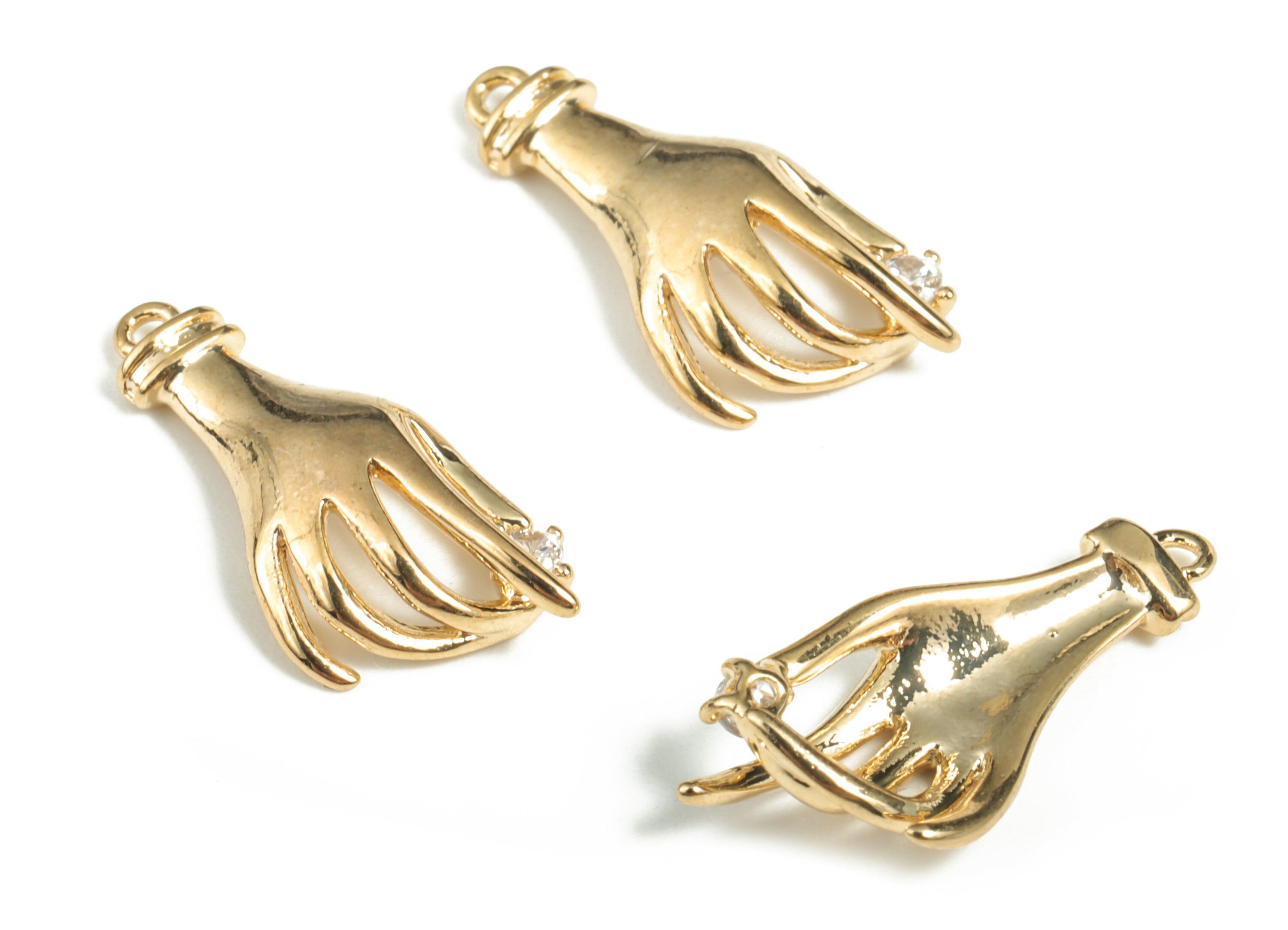Brass Hand Earring Charms With Zircon - Gold Hand Pendant - 18K Real Gold Plated Brass - Jewelry Supplies - 19.62x8.62x3.05mm - RGP2848 - DOMEDBAZAAR