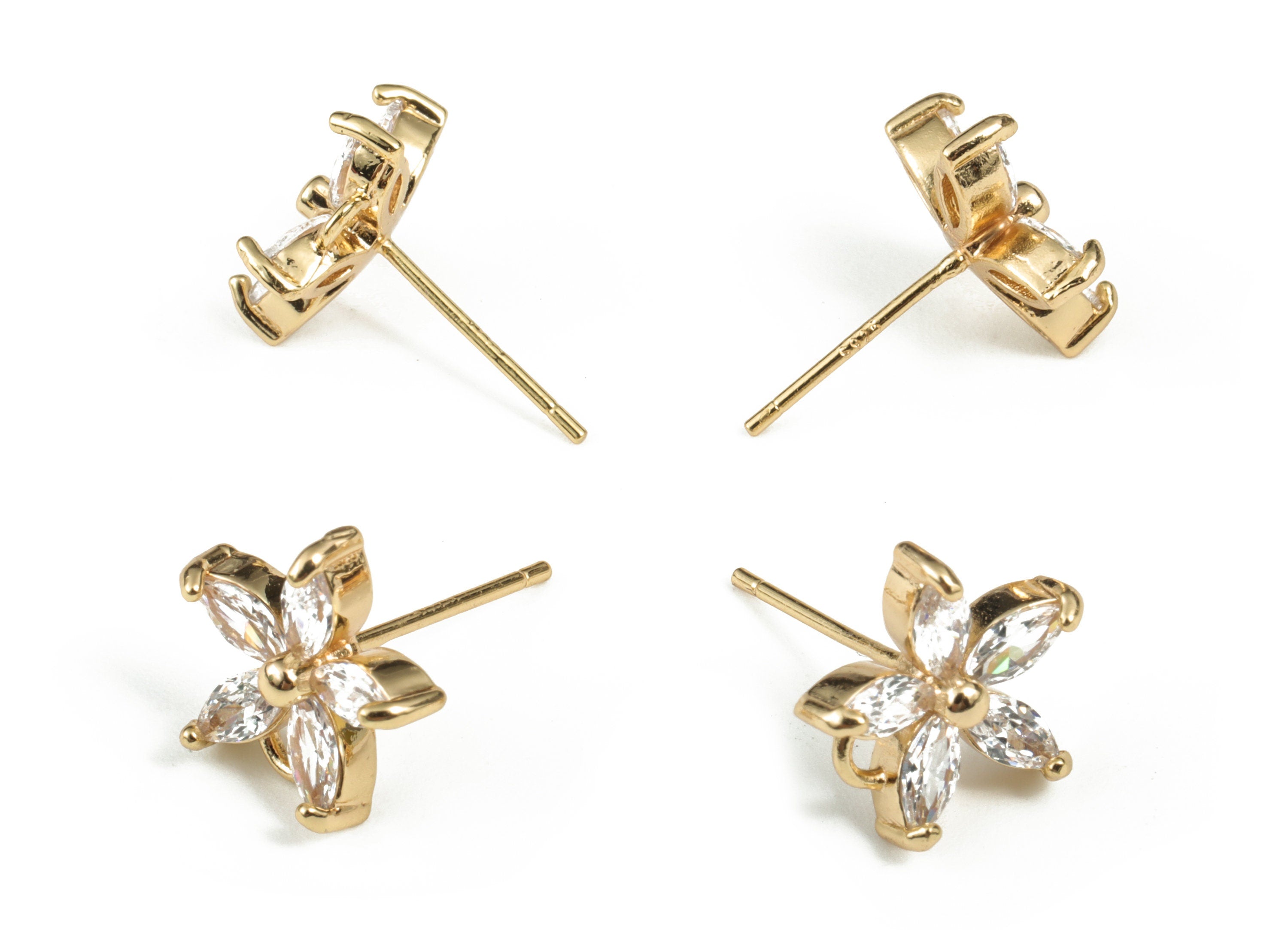 Brass Flower Earring Post With Zircons - Gold Flower Stud - 18K Real Gold Plating - 316 Surgical Stainless Steel - 12.14x11.69x4mm - RGP2879 - DOMEDBAZAAR